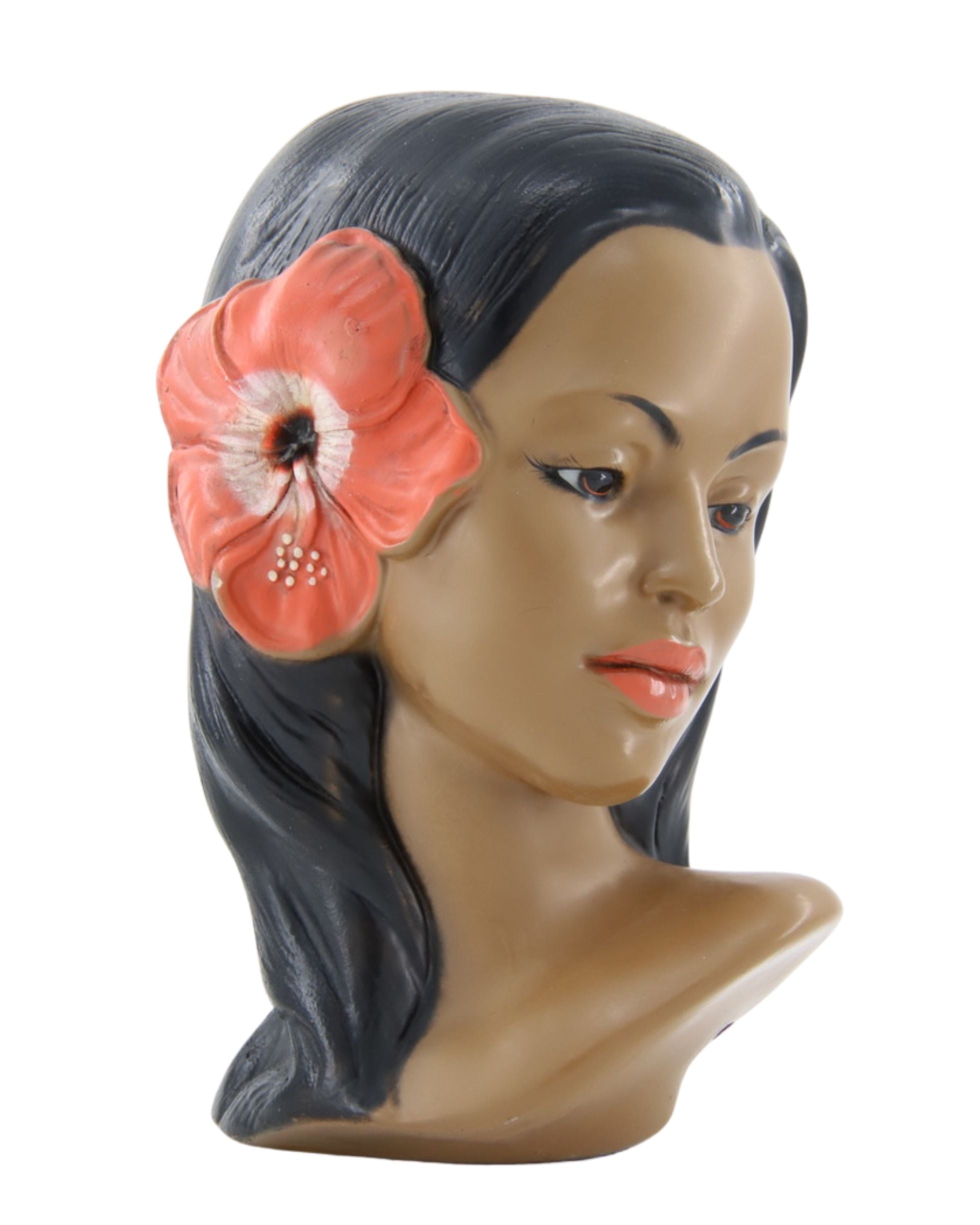 Original Vintage Marwal Hawaiian Hula Girl Head, Pink Hibiscus, Circa 1950s