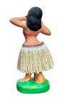 Back of vintage Hula Girl dancer nodder with straw skirt and red top.