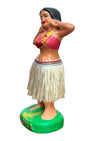 Side view of Vintage Hula Girl dancer nodder with straw skirt and red top.