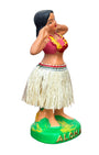 Side view of Vintage Hula Girl dancer nodder with straw skirt and red top.