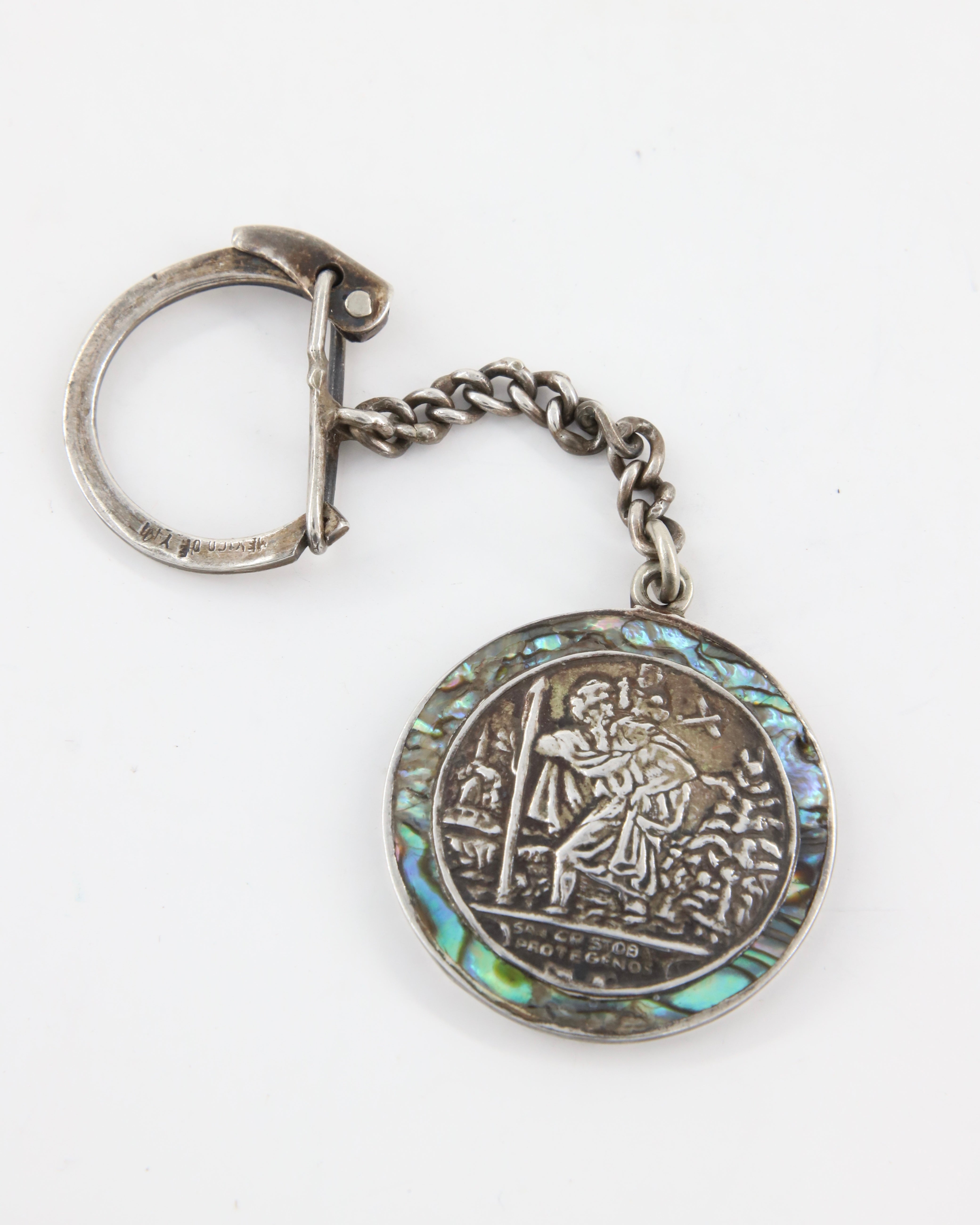 St Cristopher Keychain Sterling w Abalone 1950s