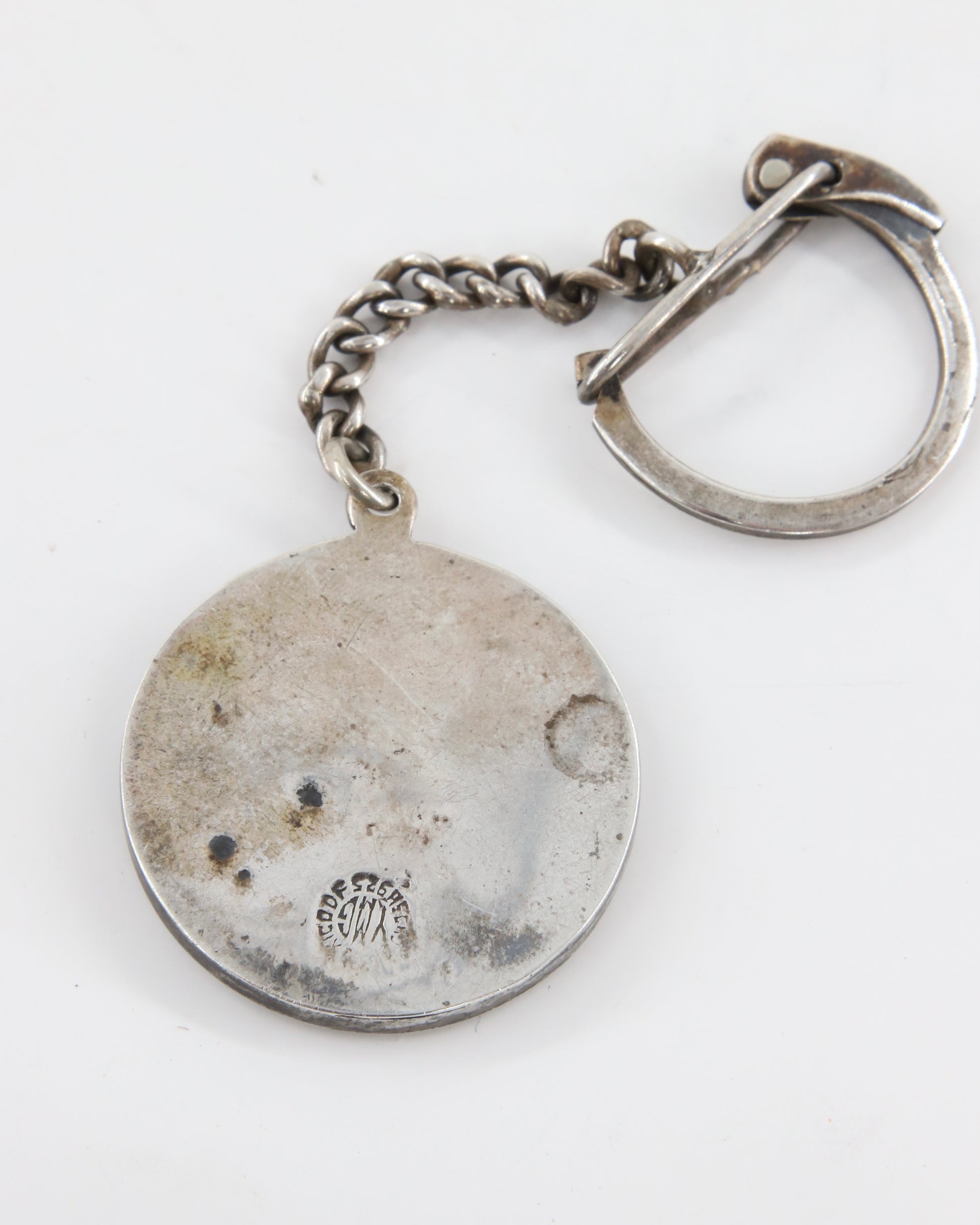St Cristopher Keychain Sterling w Abalone 1950s