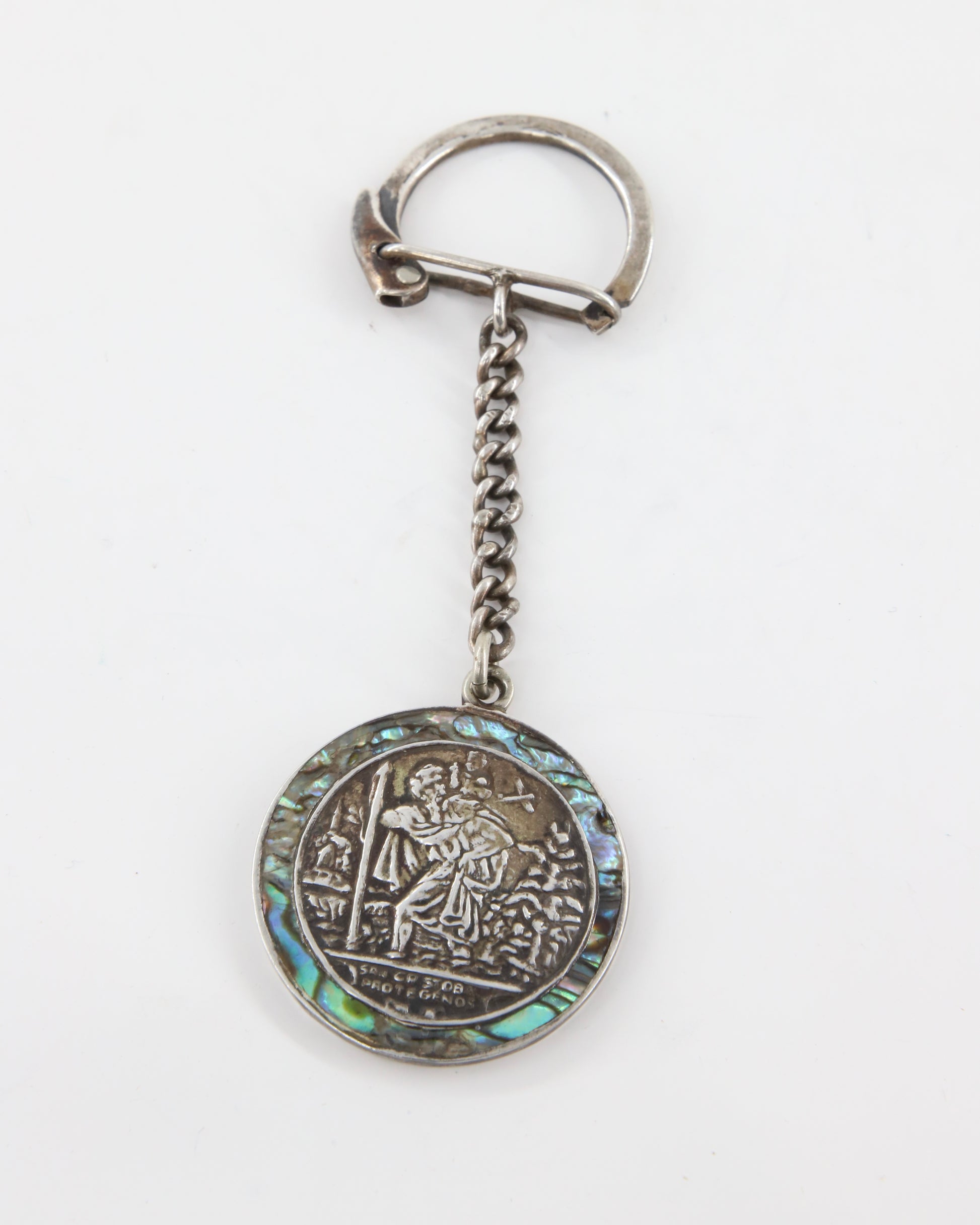 St Cristopher Keychain Sterling w Abalone 1950s