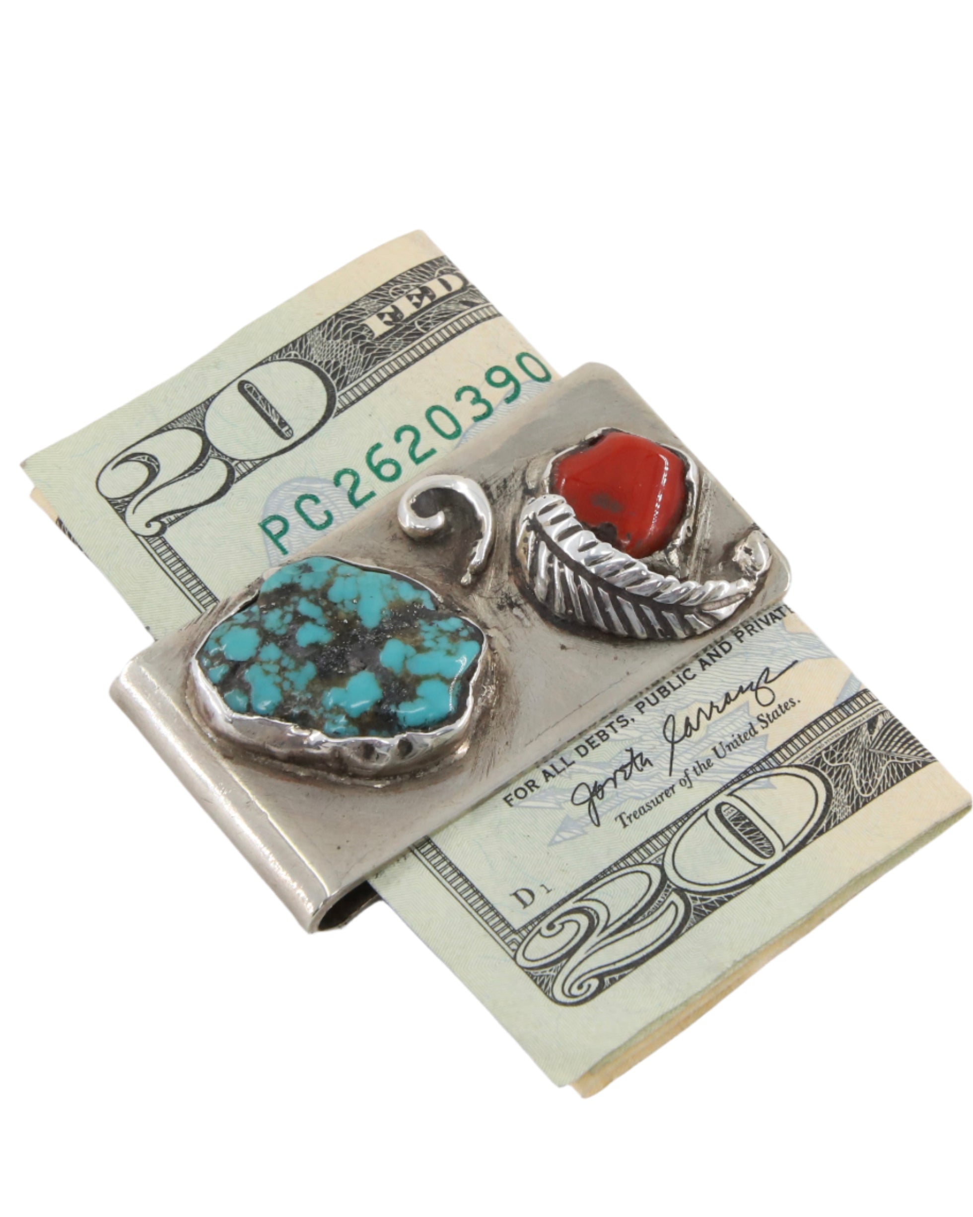 Vintage 1960s Turquoise + Coral Money Clip