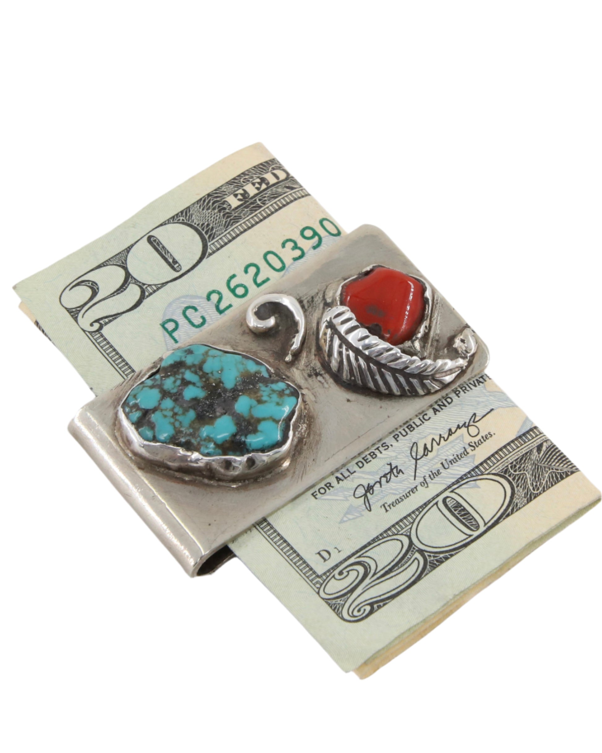 Vintage 1960s Turquoise + Coral Money Clip