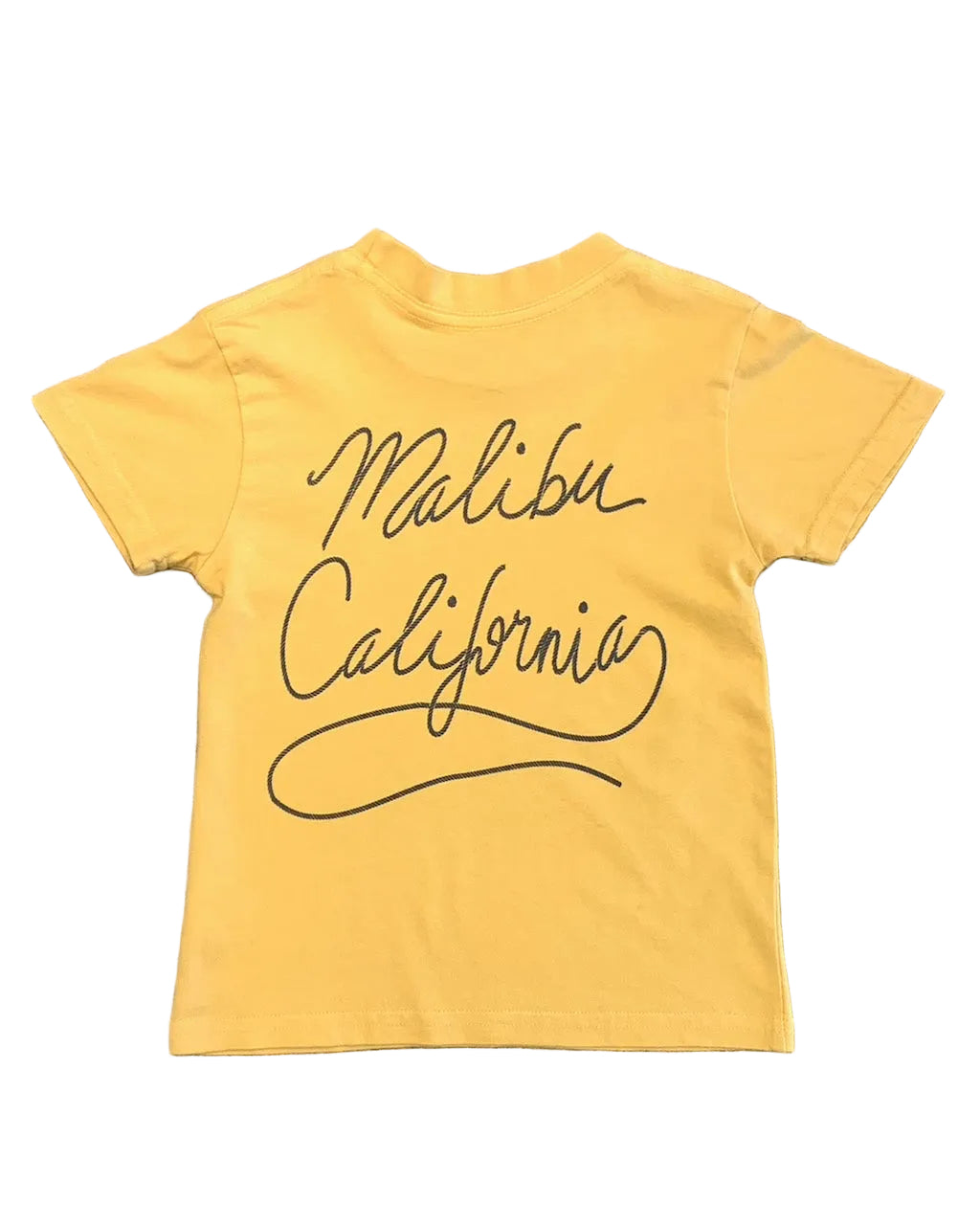 Back of a California Gold toddler T-shirt with “Malibu, California” script.