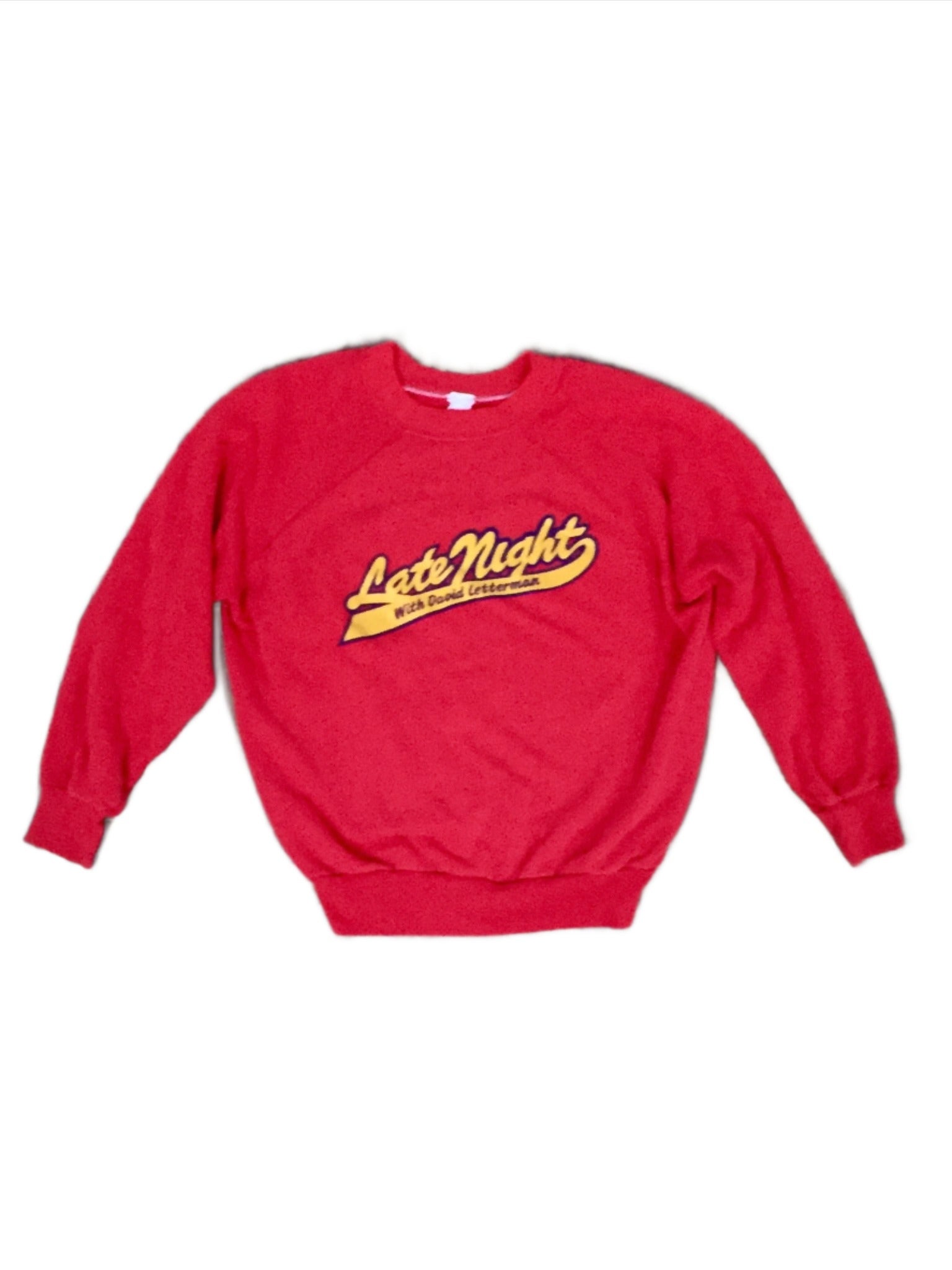 The full view of the front of the Late Night with David Letterman Sweatshirt from the 1980s.