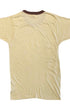 Back view of a heathered sand vintage ringer T-shirt with a contrasting dark brown crew neck.
