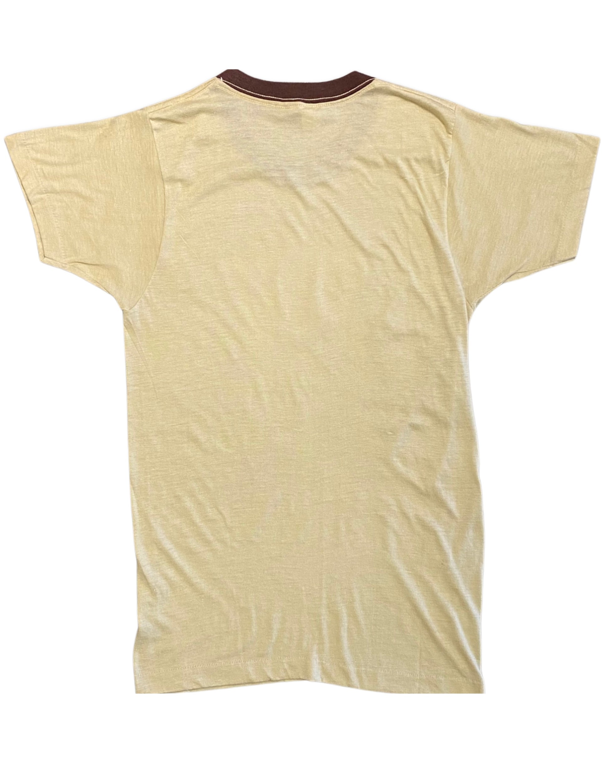 Back view of a heathered sand vintage ringer T-shirt with a contrasting dark brown crew neck.

