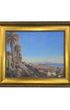 Framed painting of Santa Monica coastal scene with palm trees, blue sky and the Santa Monica Coast in gold frame. 
