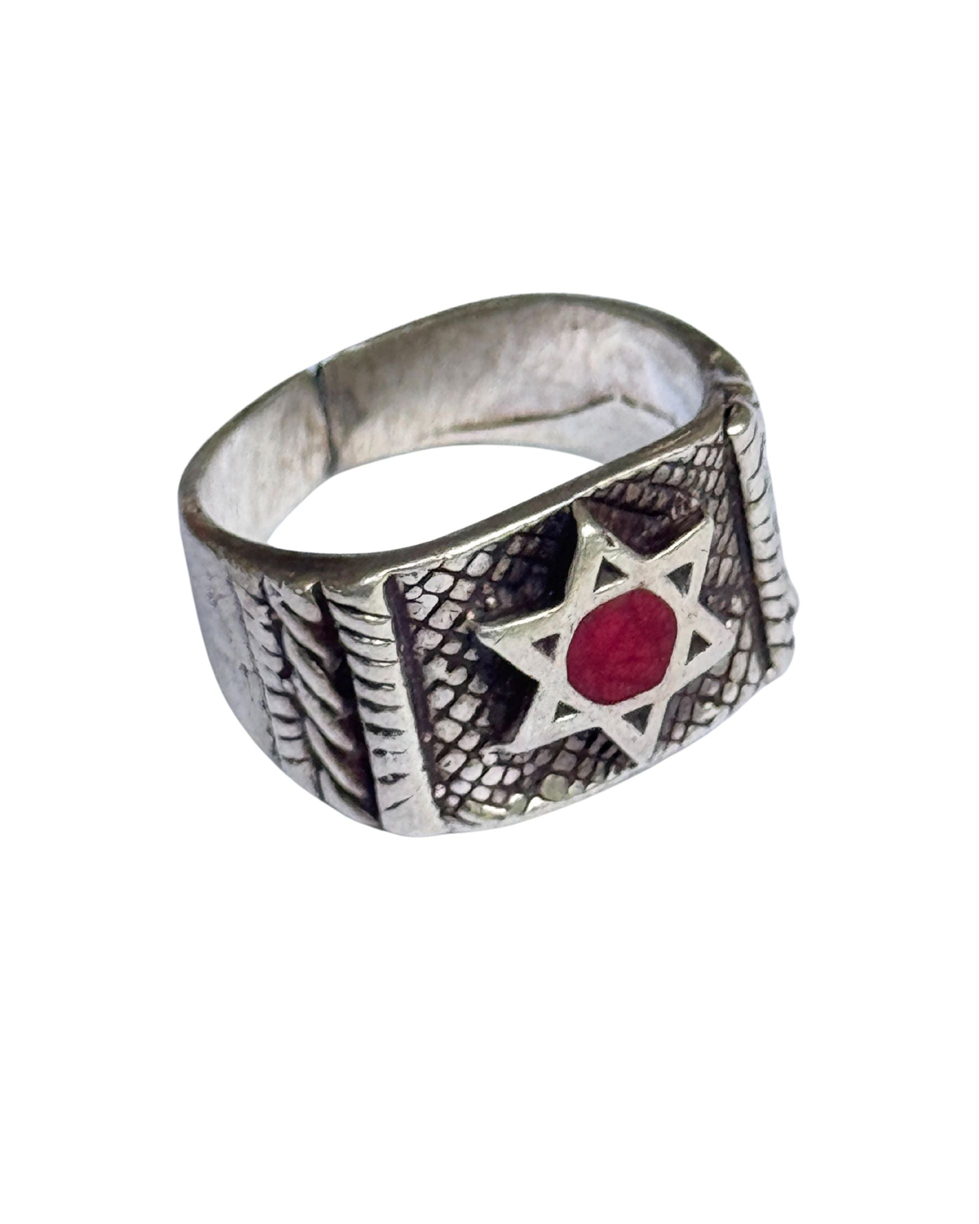 Vintage Fred Harvey-era Star of David silver ring with red stone cabochon.