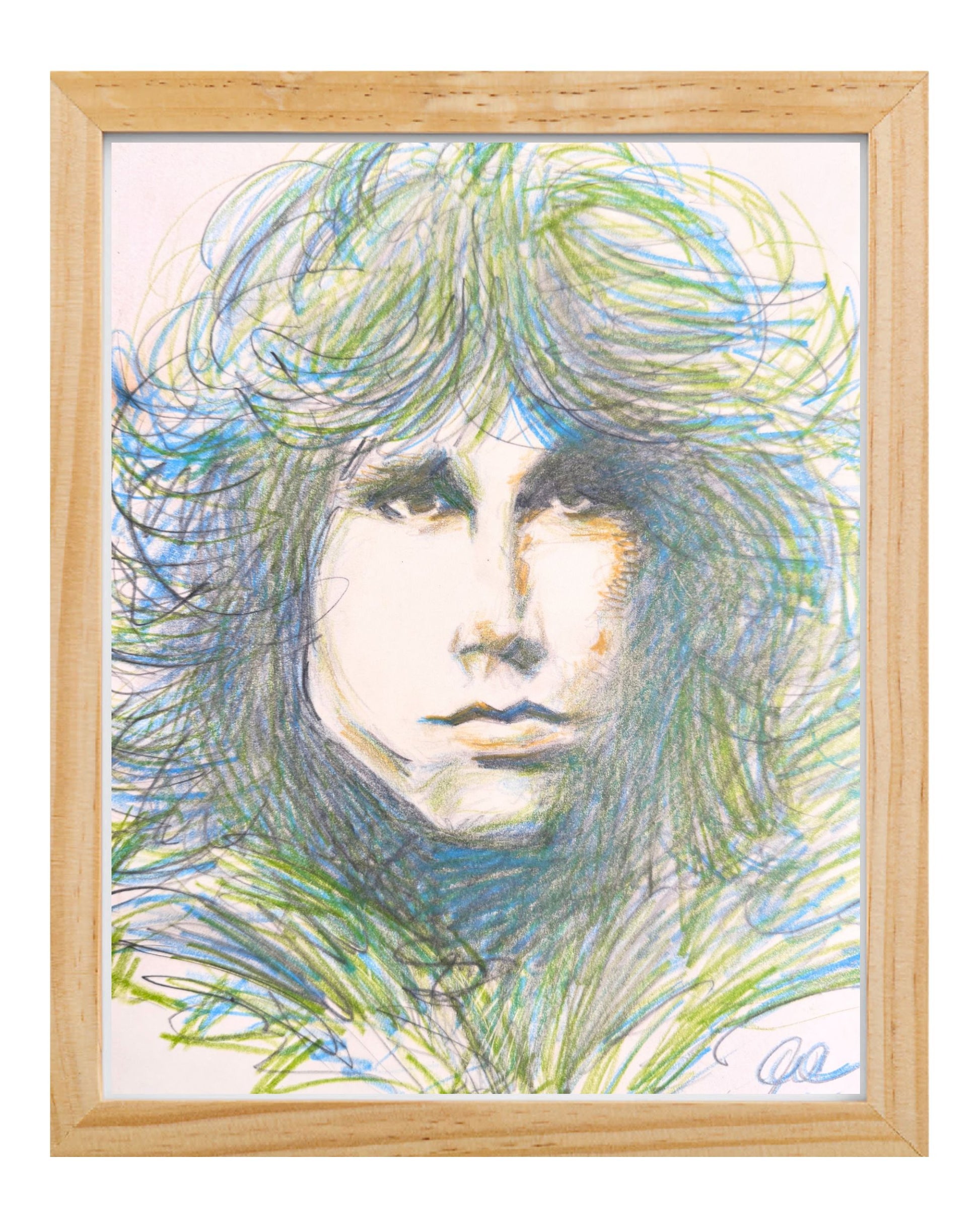 Original Drawing of Jim Morrison in natural wood gallery frame.