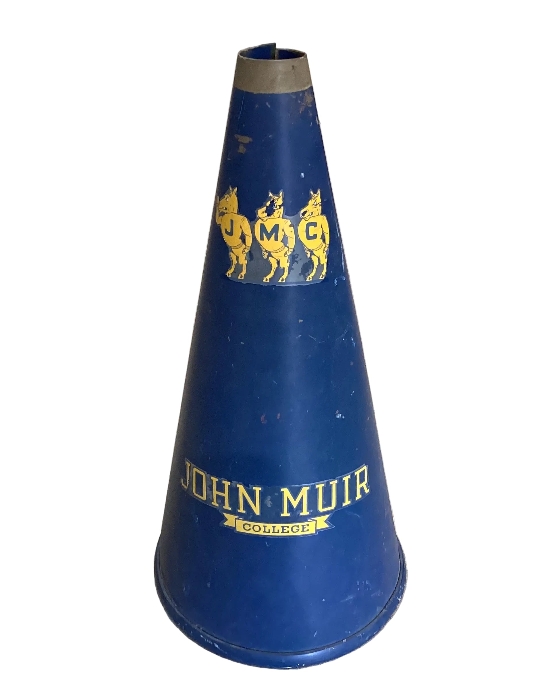 Blue megaphone with 'John Muir College' logo.