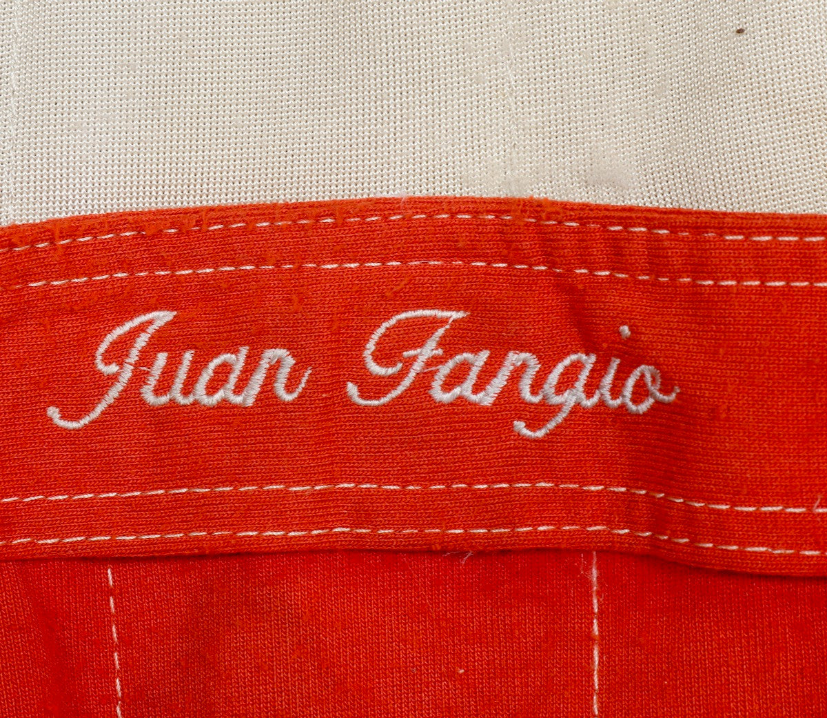 The upclose view of the Juan Fangio stitching on the Juan Manuel Fangio II Auto Racing Suit.