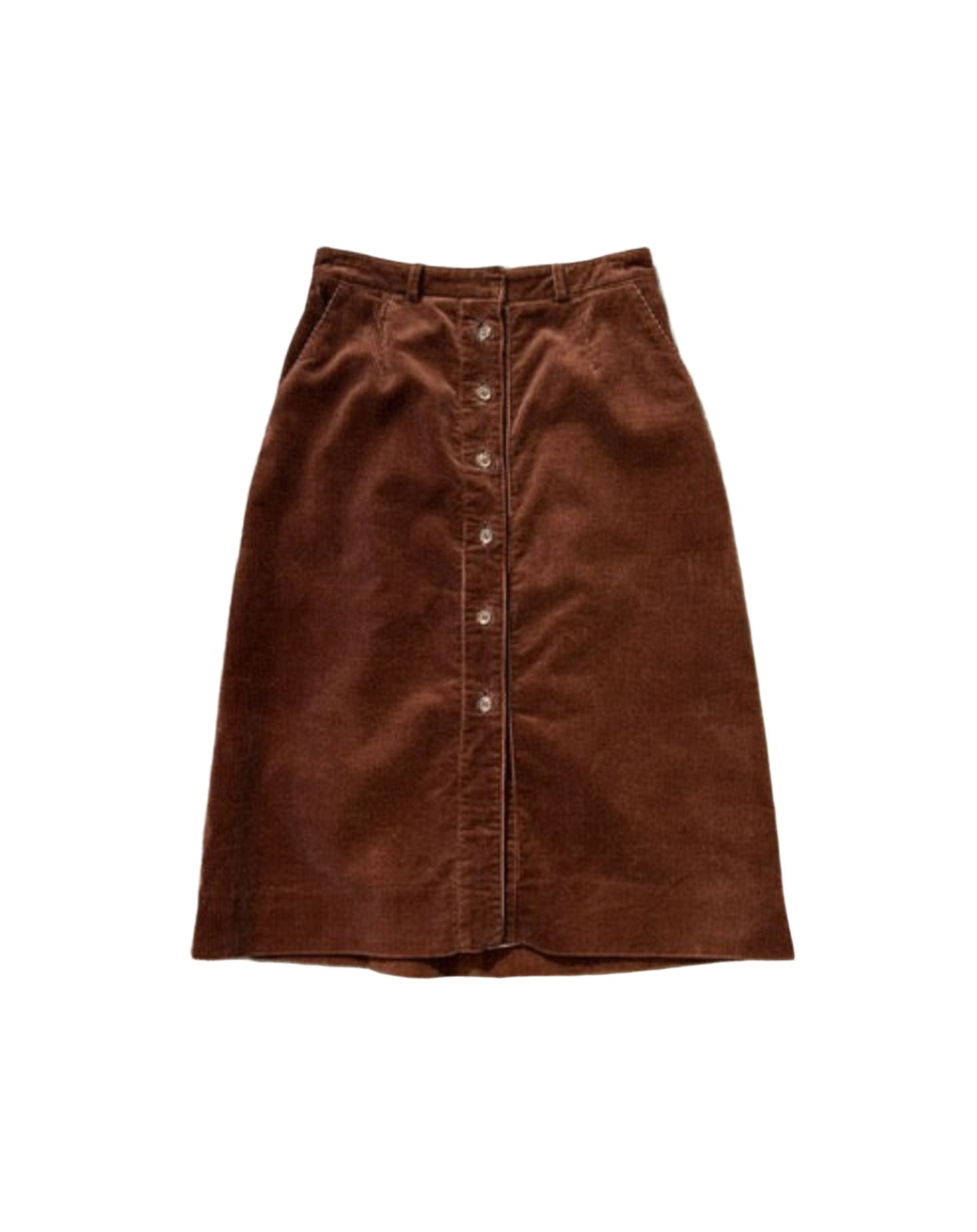 1970s Karen Silton Brown Corduroy Skirt – Button Front with Pockets – Waist 26