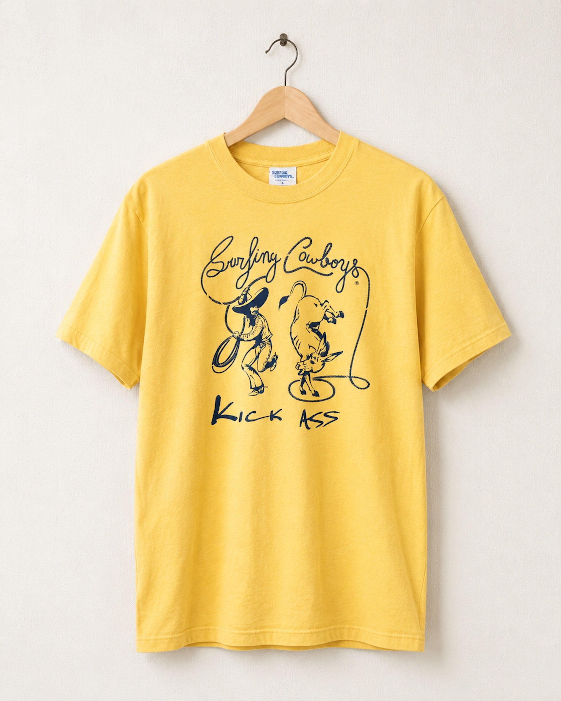California Gold Surfing Cowboys Kick Ass high crew T-shirt with vaquero and donkey front graphic and Malibu California back print. Front view.