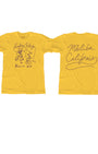Yellow t-shirt with graphic design and text on a white background