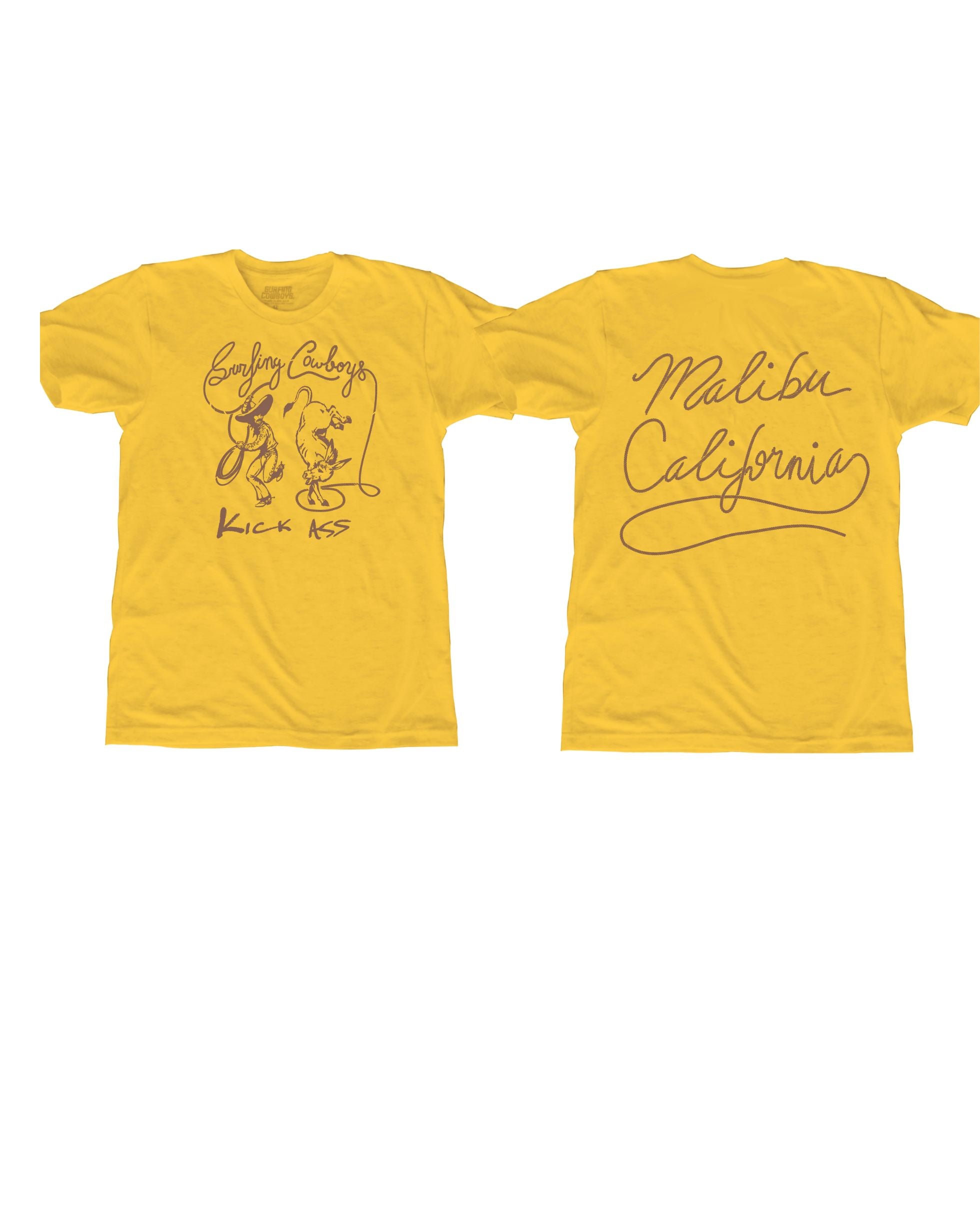 Yellow t-shirt with graphic design and text on a white background