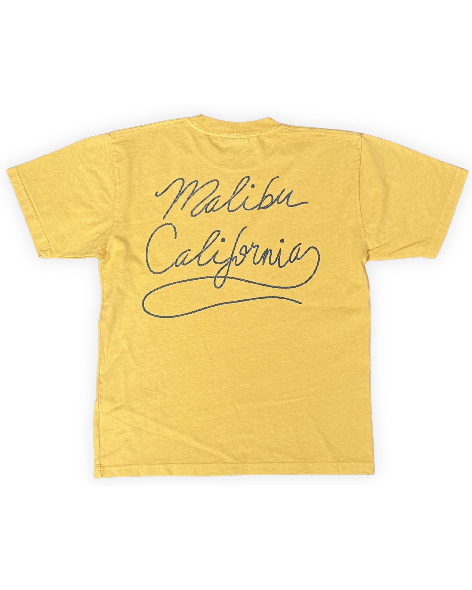 Back of Surfing Cowboys Kick Ass high crew T-shirt in California Gold with Malibu California lasso-script graphic.