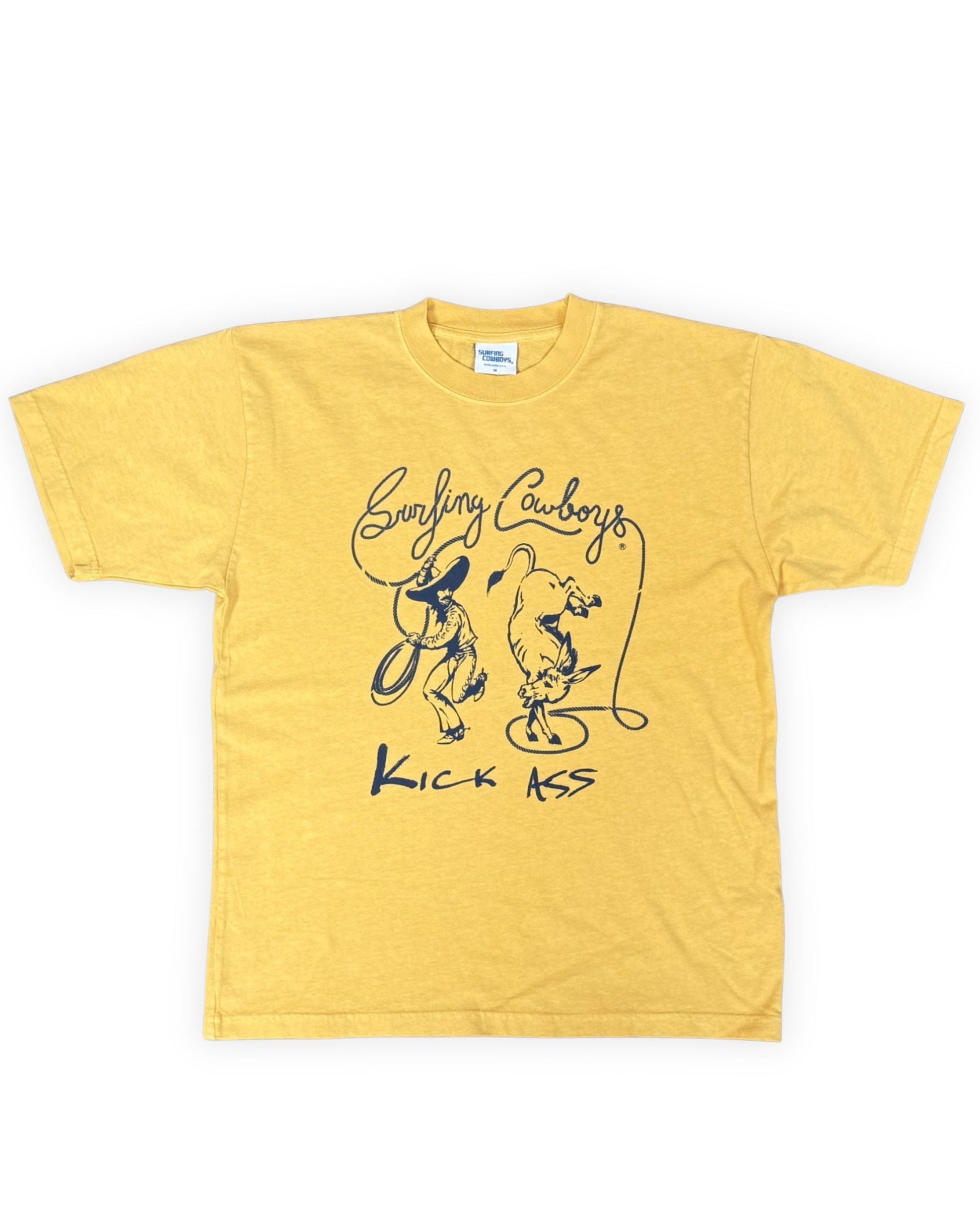 Surfing Cowboys Kick Ass high crew T-shirt in California Gold with washed-black vaquero and donkey graphic on the front.
