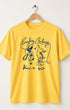 Front view of Surfing Cowboys Kick Ass Adult Classic Crew T-Shirt in California Gold - featuring a Cowboy in sombrero waving a lasso that spells Surfing Cowboys while kicking up his heels as he lassos a dancing donkey.