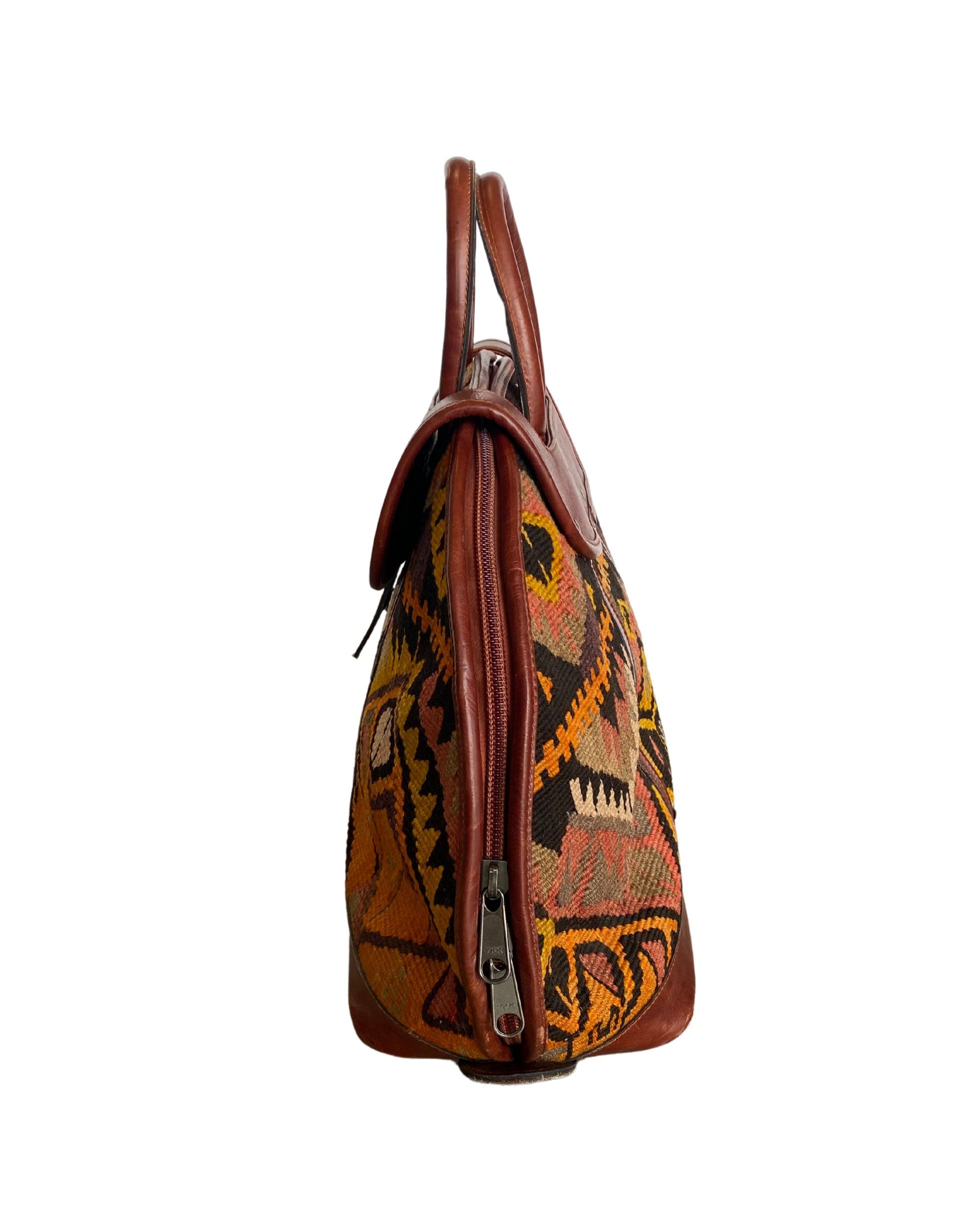 Vintage Kilim Carpet Bag Tote with Leather Handles and Flap Closure | 1980s