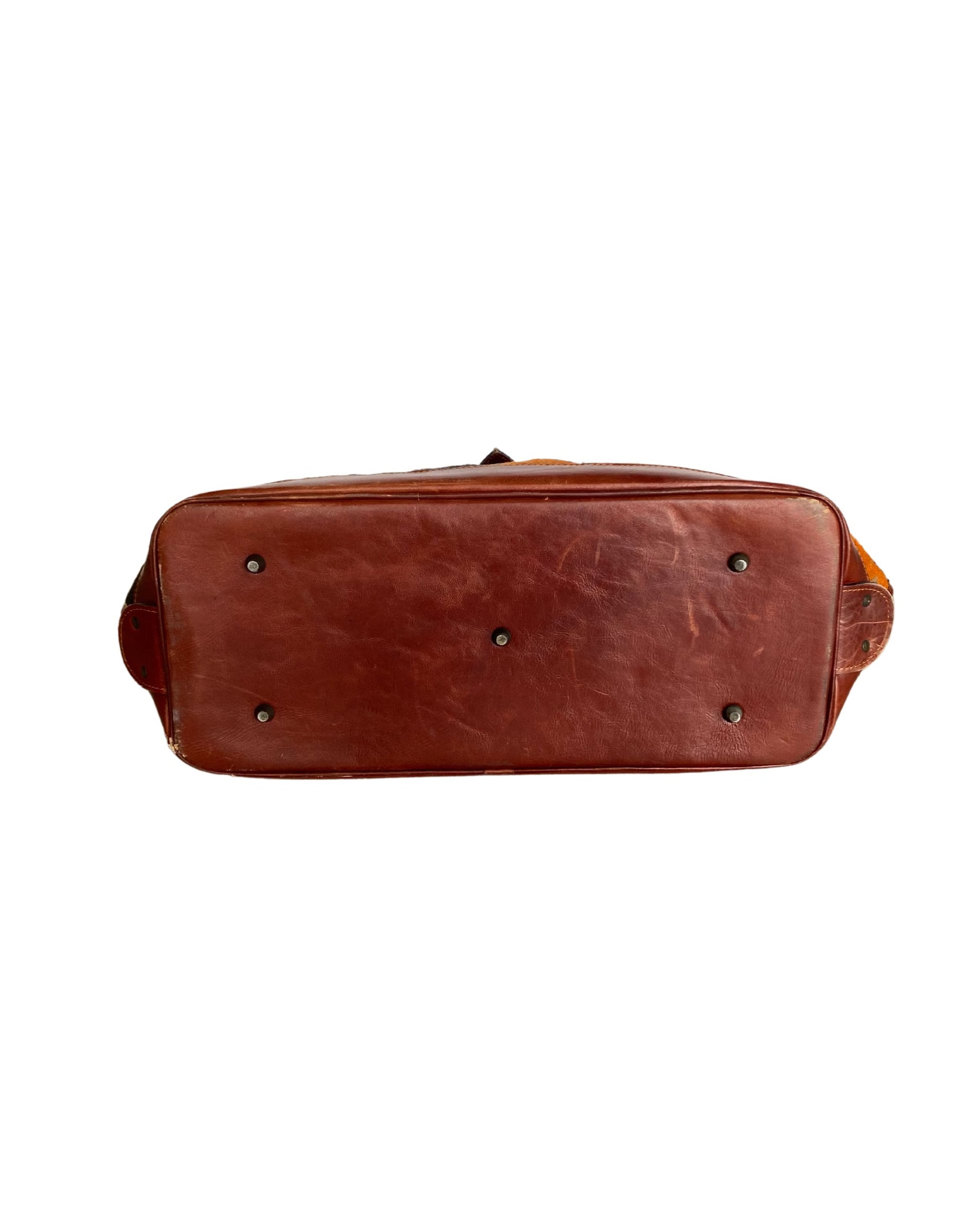 Vintage Kilim Carpet Bag Tote with Leather Handles and Flap Closure | 1980s