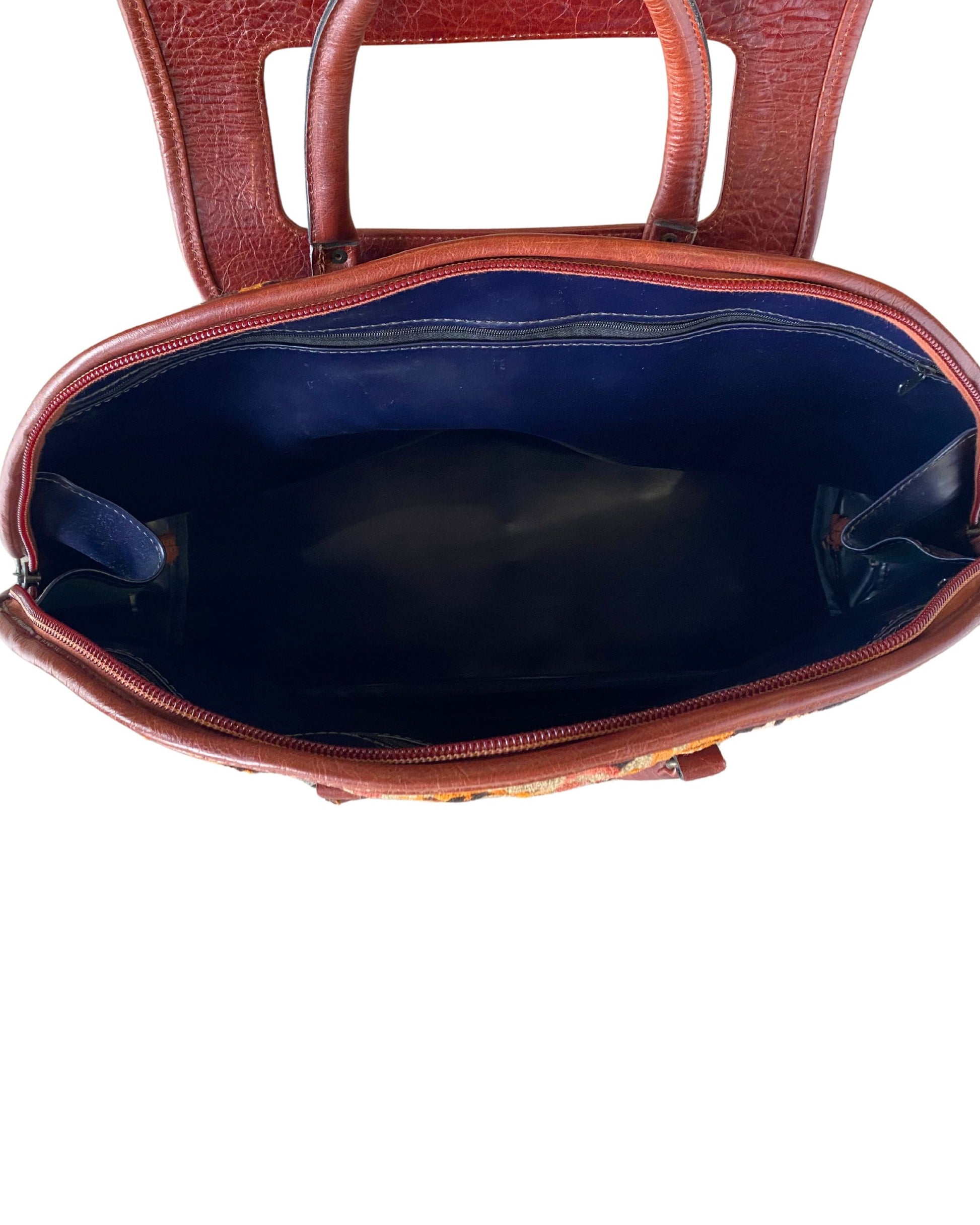 Vintage Kilim Carpet Bag Tote with Leather Handles and Flap Closure | 1980s