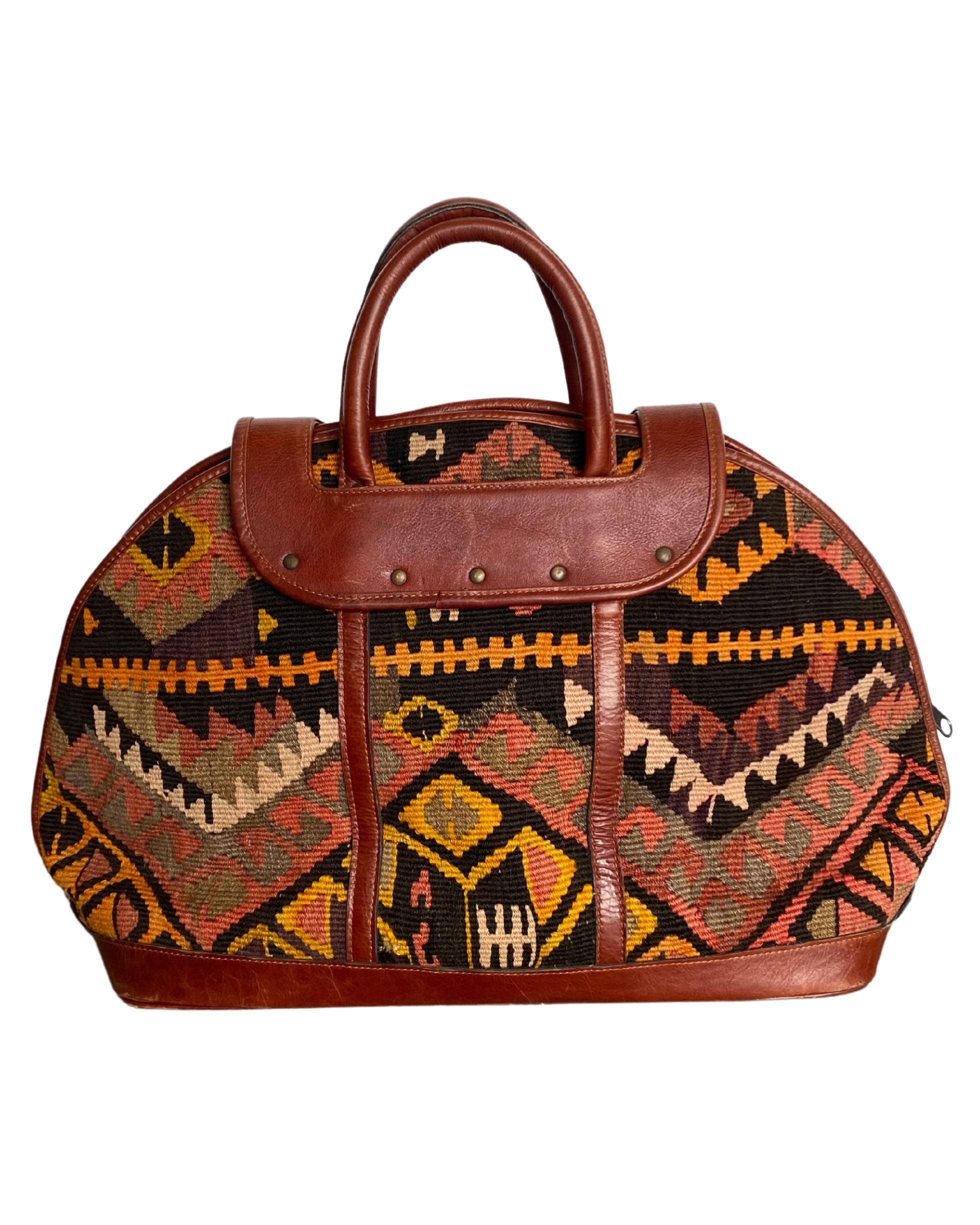 Vintage Kilim Carpet Bag Tote with Leather Handles and Flap Closure | 1980s