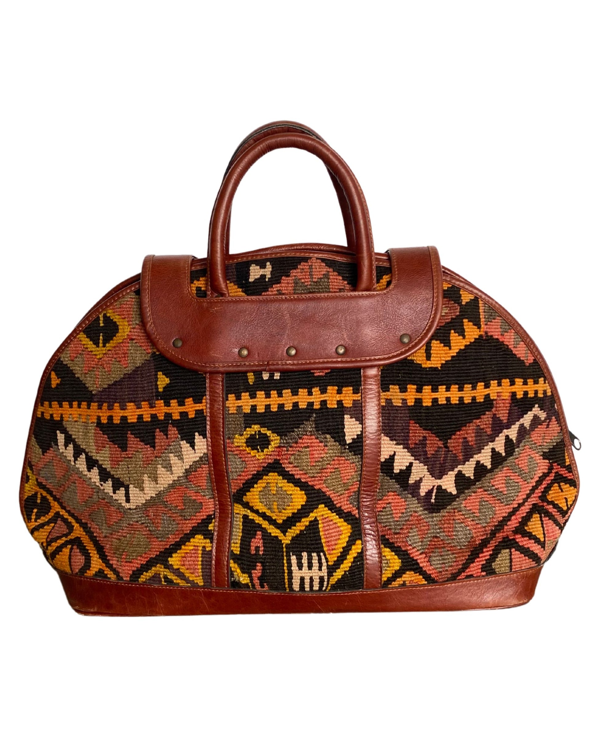 Vintage Kilim Carpet Bag Tote with Leather Handles and Flap Closure | 1980s