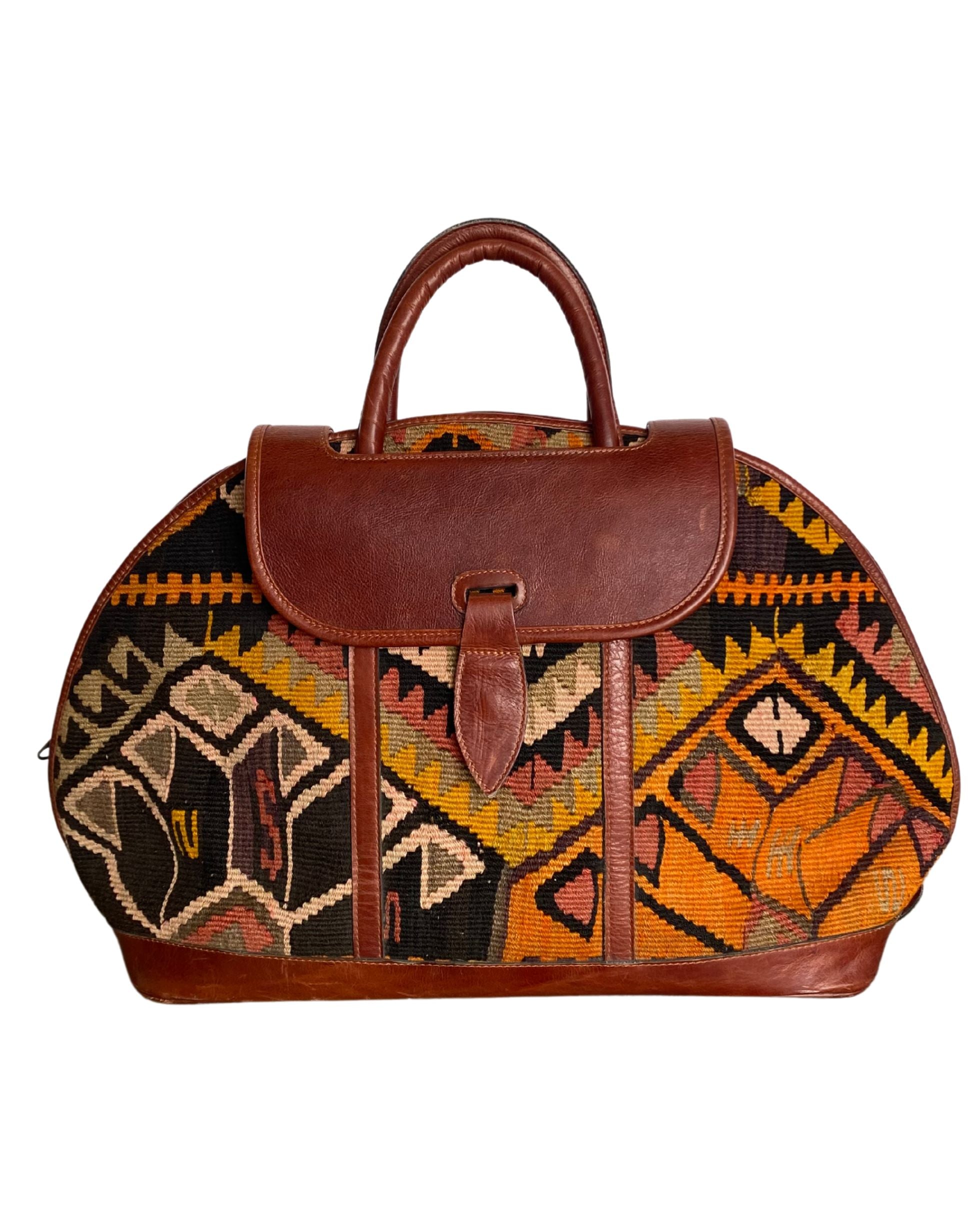 Vintage Kilim Carpet Bag Tote with Leather Handles and Flap Closure | 1980s