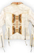 Back view of vintage 1990s Kiyote of Big Sur ivory leather jacket with vertical woven blanket panel and zip details.