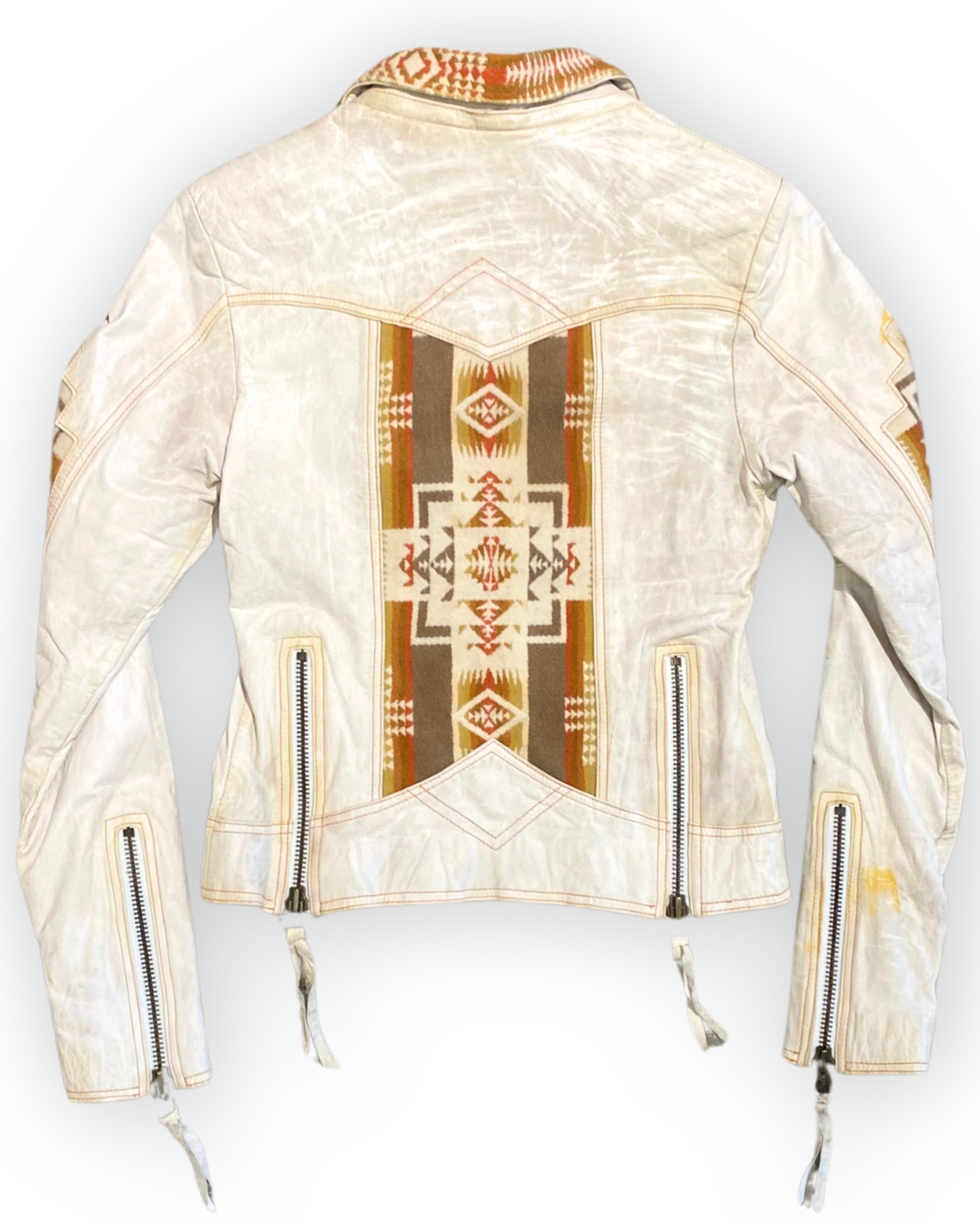 Back view of vintage 1990s Kiyote of Big Sur ivory leather jacket with vertical woven blanket panel and zip details.
