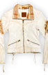 Front view of vintage 1990s Kiyote of Big Sur ivory leather jacket with woven blanket panels and zippered pockets.
