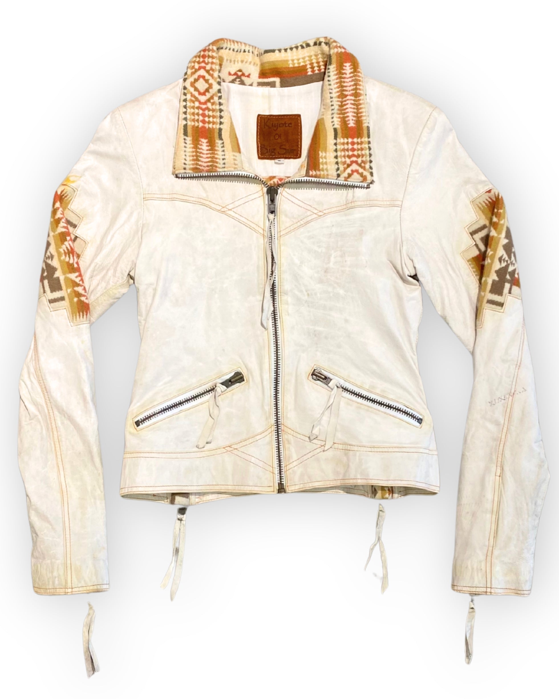 Front view of vintage 1990s Kiyote of Big Sur ivory leather jacket with woven blanket panels and zippered pockets.
