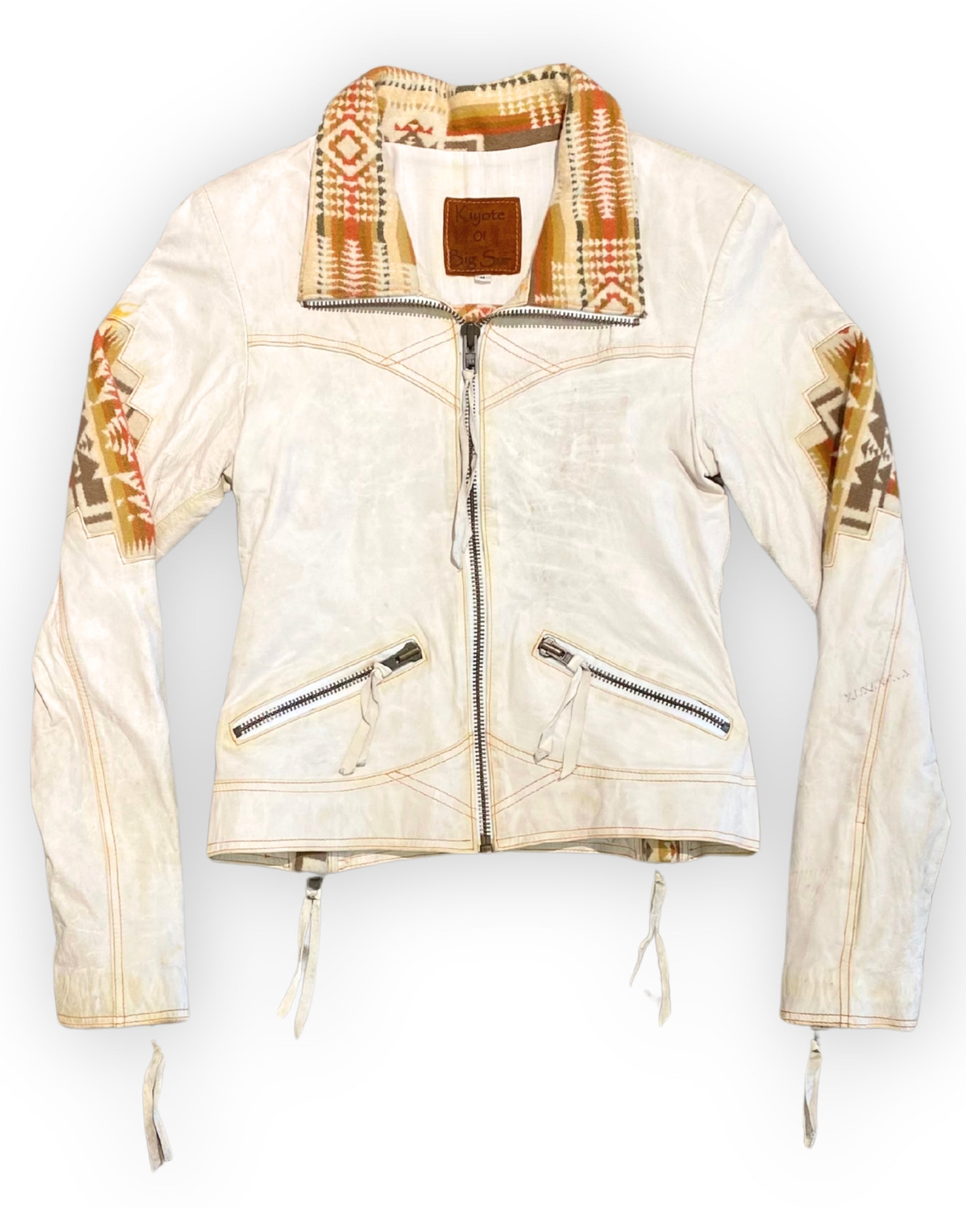 Front view of vintage 1990s Kiyote of Big Sur ivory leather jacket with woven blanket panels and zippered pockets.