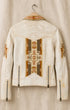Creamy White leather jacket with geometric patterns on a beige background
