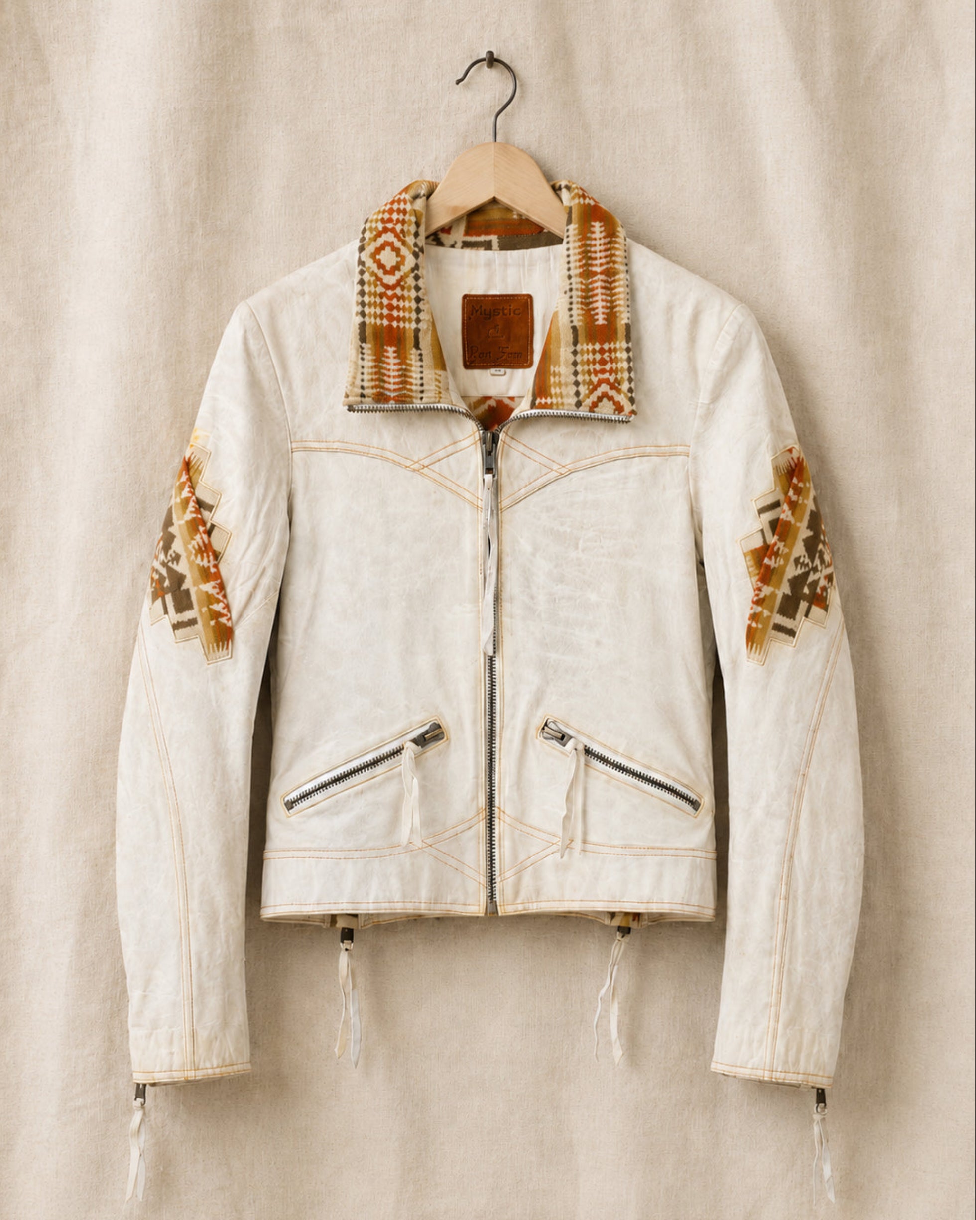 Creamy White jacket with plaid accents on a beige hanger against a beige background