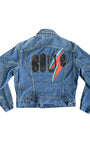 Back of Lee jacket featuring custom BOWIE patch and lightning bolt graphic.
