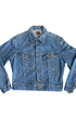 Front of vintage 1970s Lee denim jacket with chest pockets and brass buttons.
