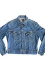 Front of vintage 1970s Lee denim jacket with chest pockets and brass buttons.
