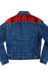 Back view of a vintage 1970s Lee denim jacket highlighting a red and rust geometric patterned wool panel across the back shoulders.