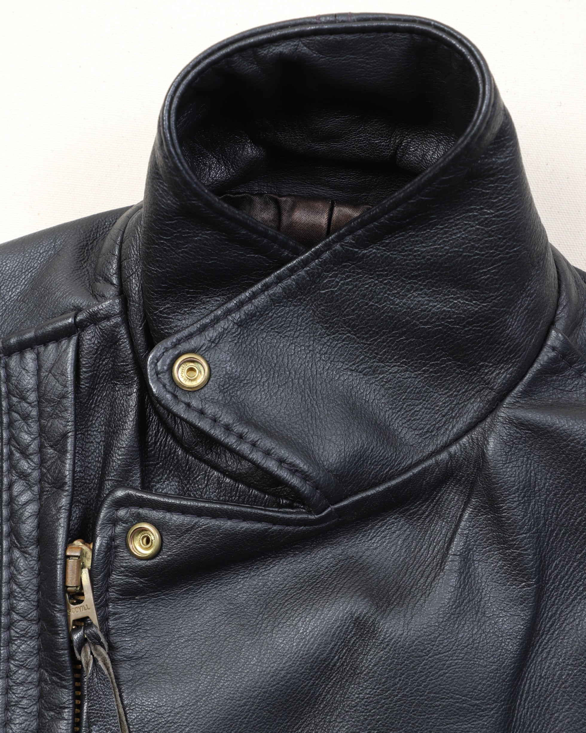 Langlitz Black Leather Motorcycle Jacket Collar Up detail