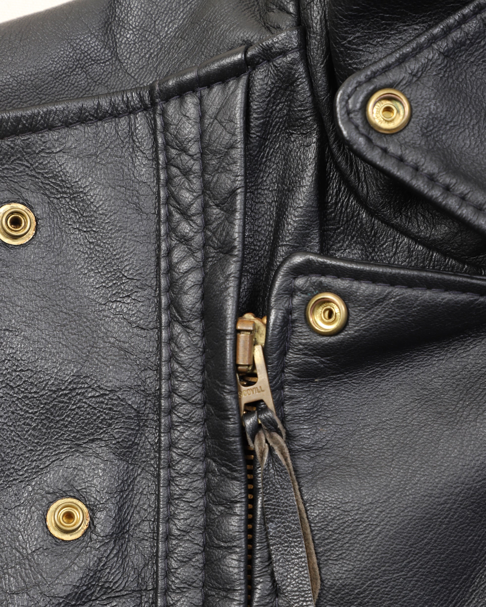 Langlitz Black Leather Motorcycle Jacket Sewing, Snap and Zipper Detail