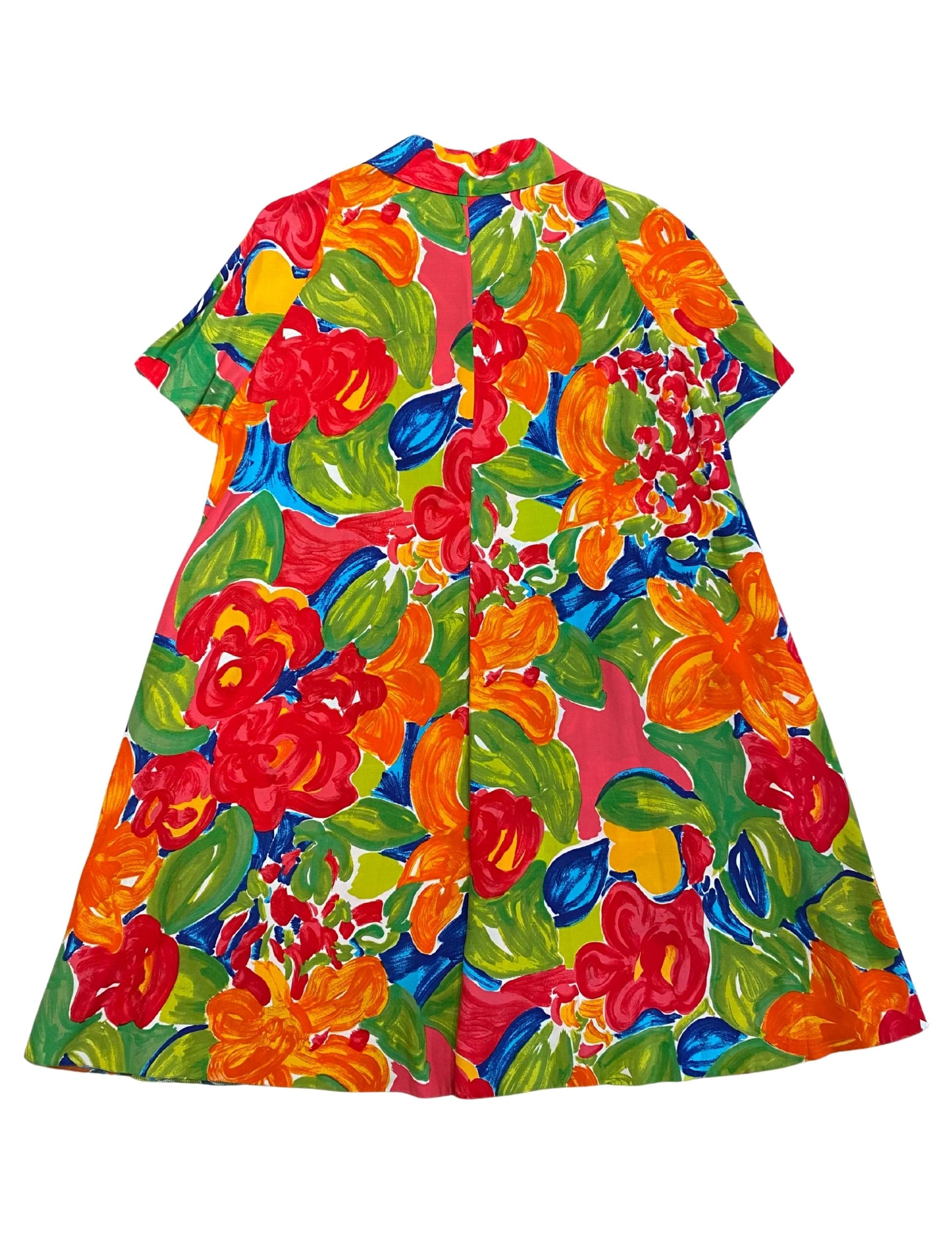 Back view of 1980s Lanvin floral dress in bright colors.
