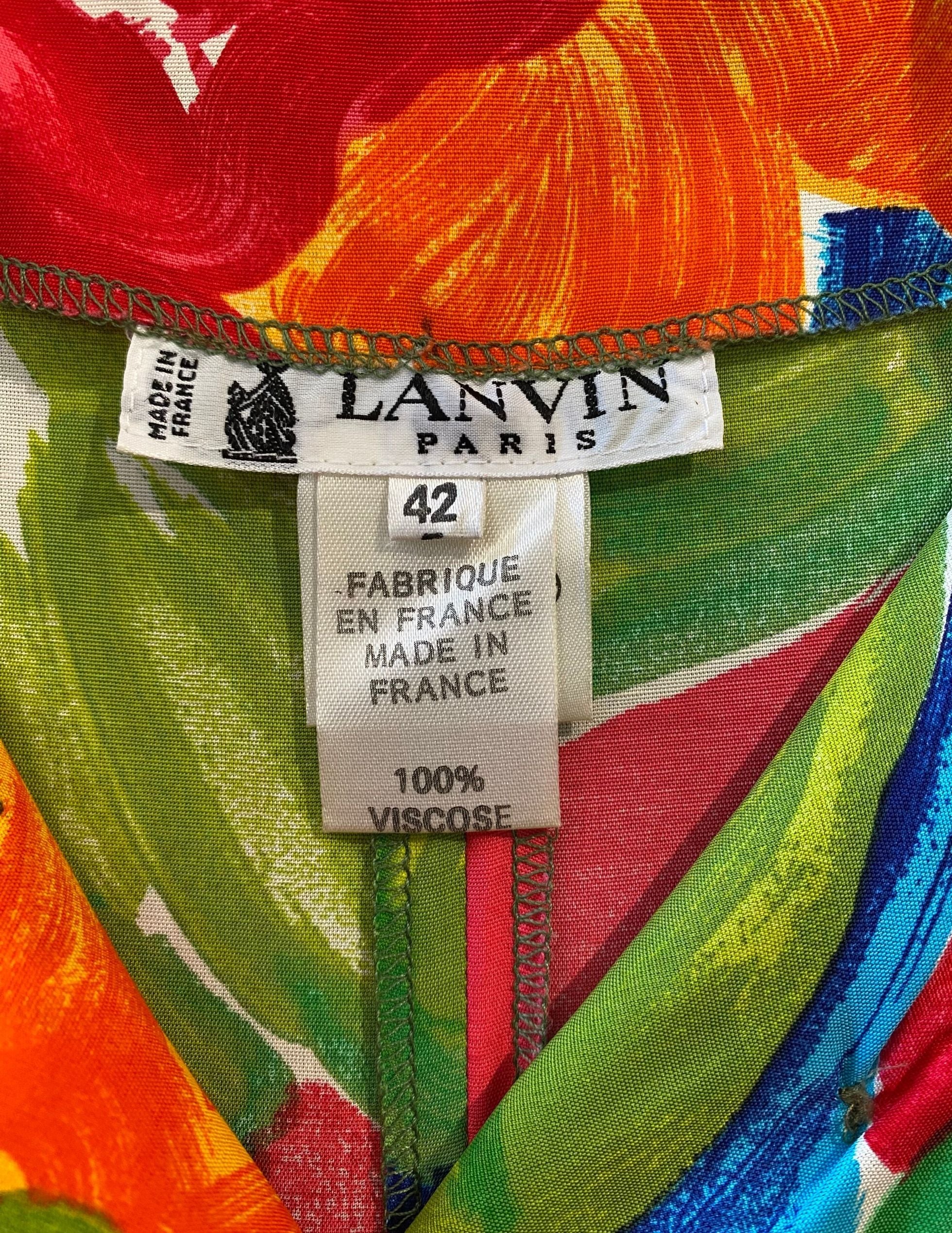 Close-up of Lanvin Paris label and floral fabric print.