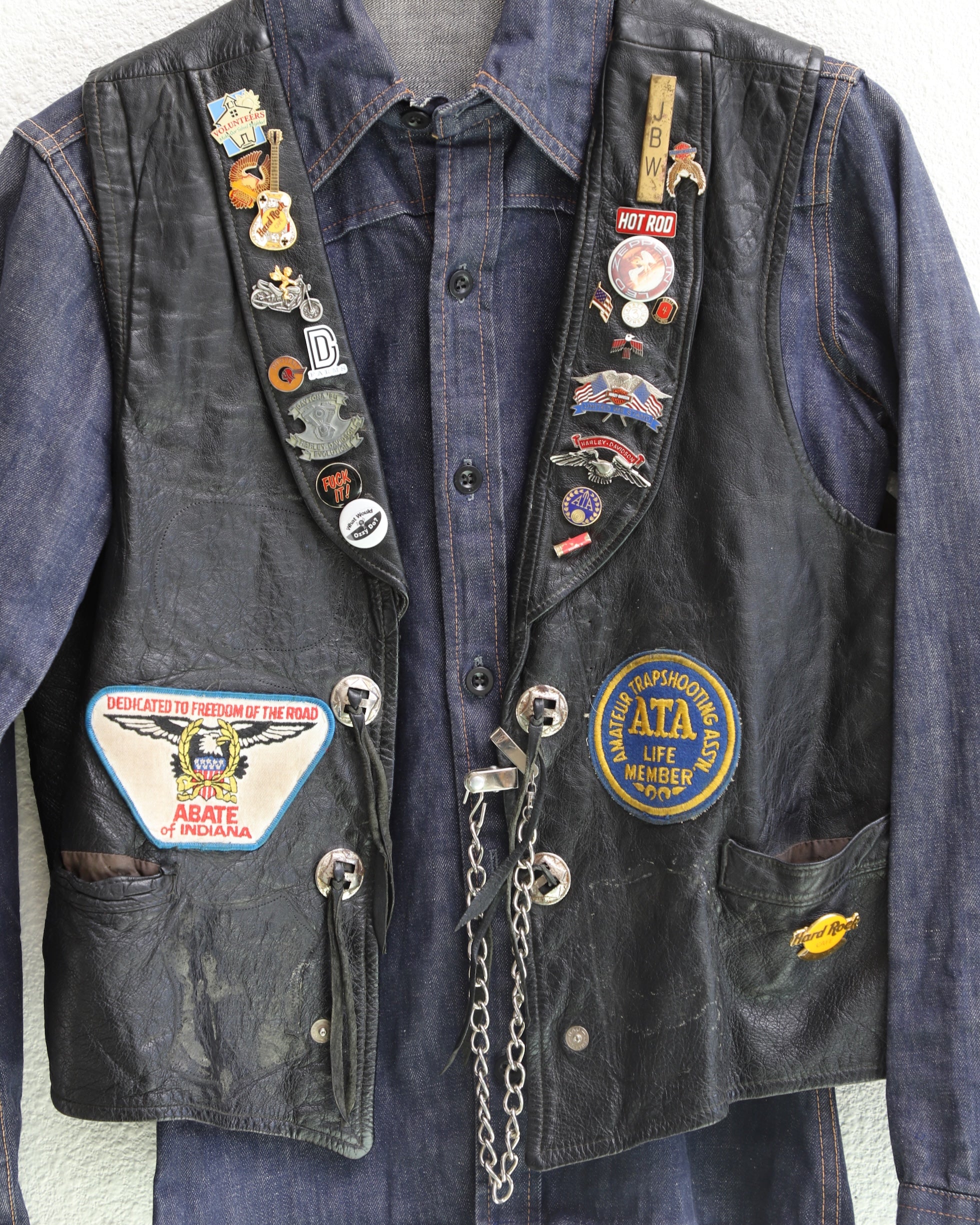 Leather Biker Vest Circa 1960s with Harley Patch + 70s-80s Pins