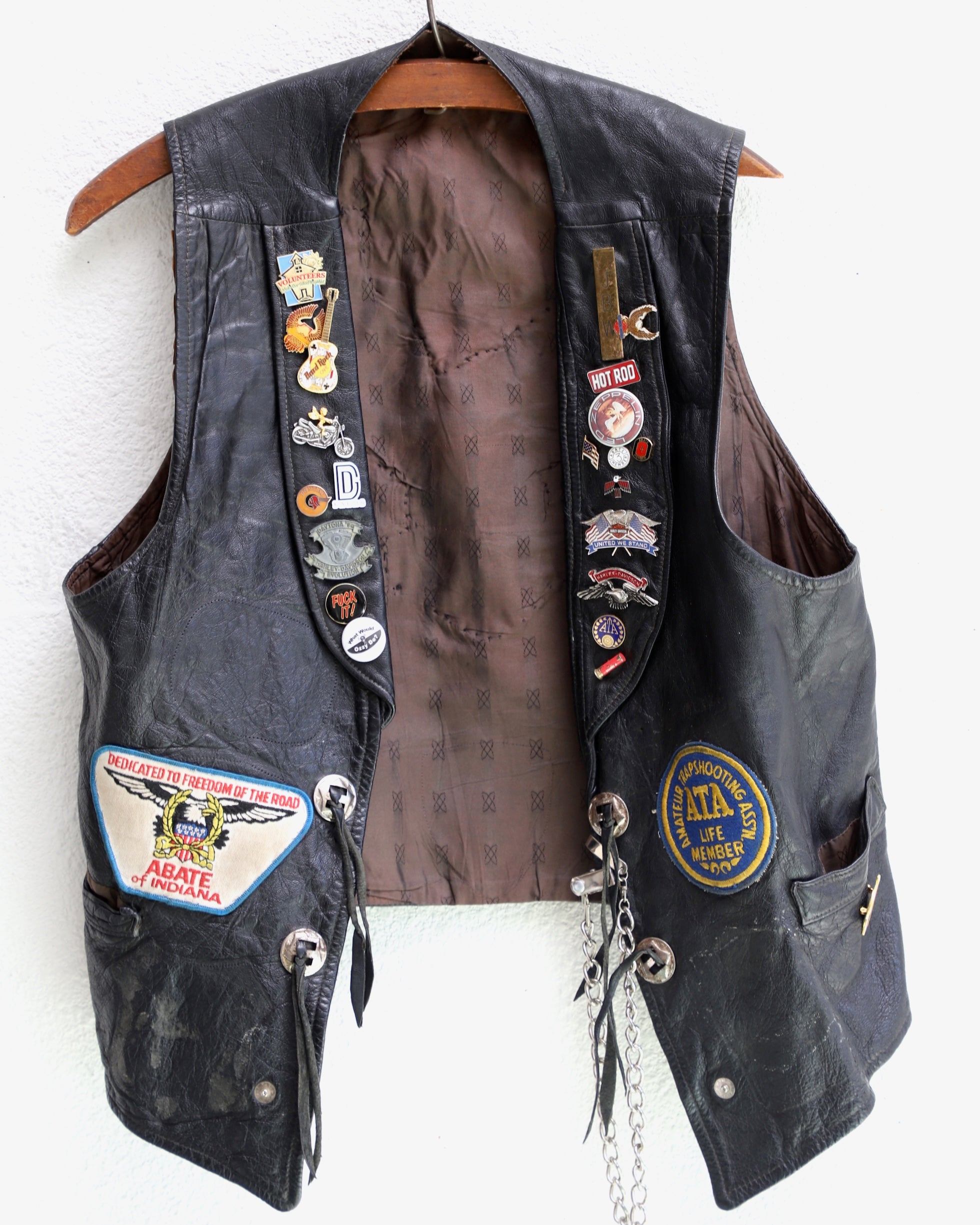 Leather Biker Vest Circa 1960s with Harley Patch + 70s-80s Pins