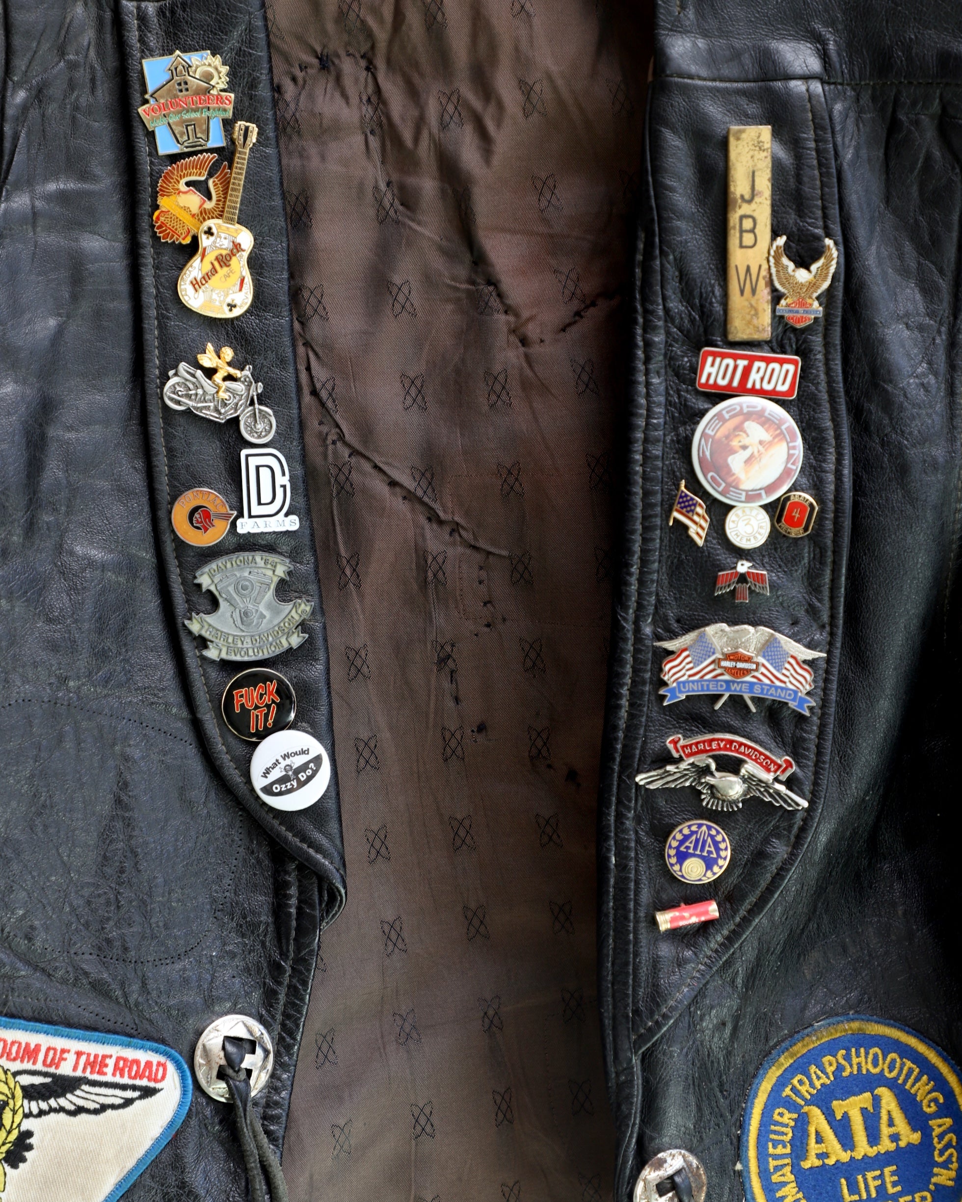 Leather Biker Vest Circa 1960s with Harley Patch + 70s-80s Pins