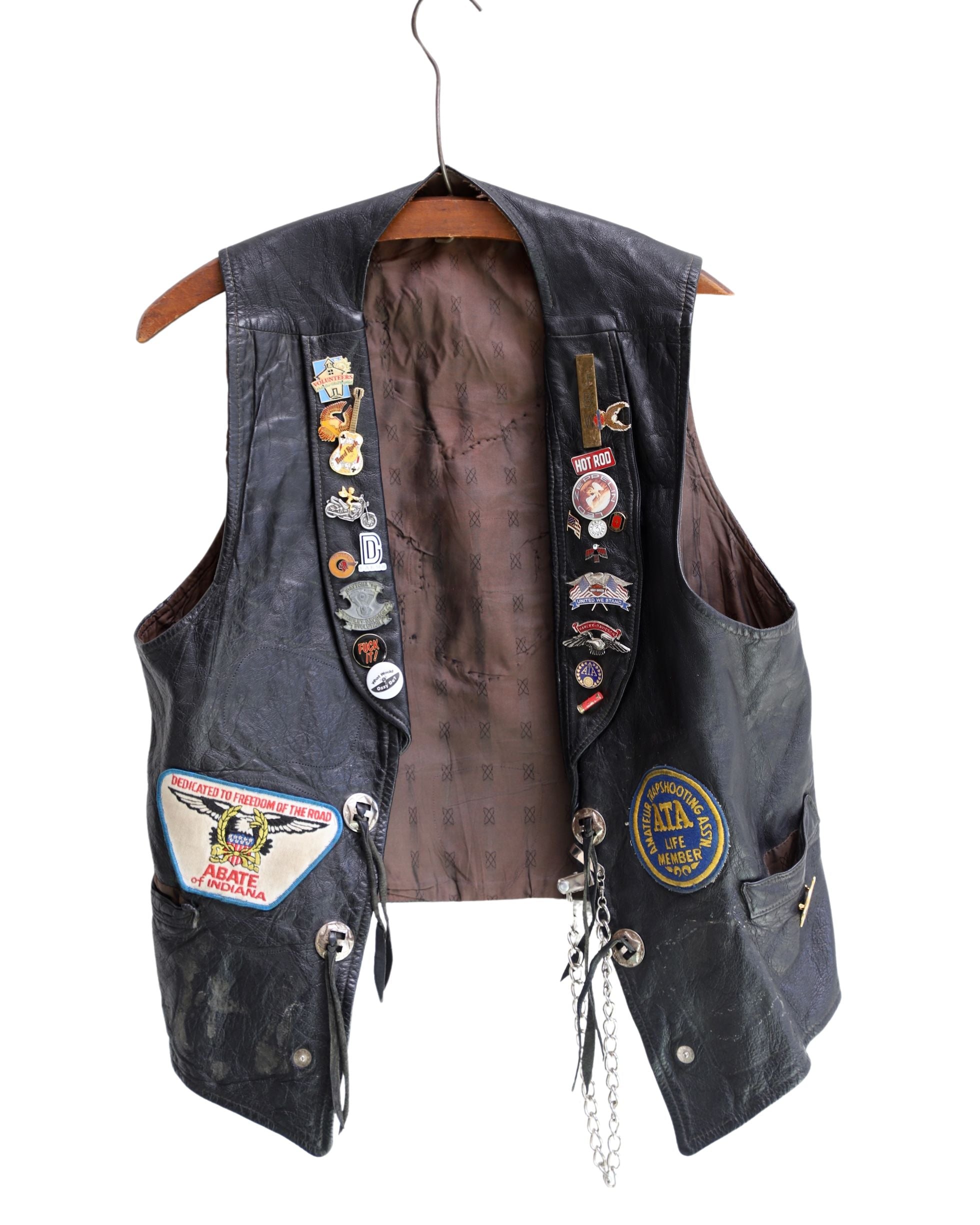 Leather Biker Vest Circa 1960s with Harley Patch + 70s-80s Pins